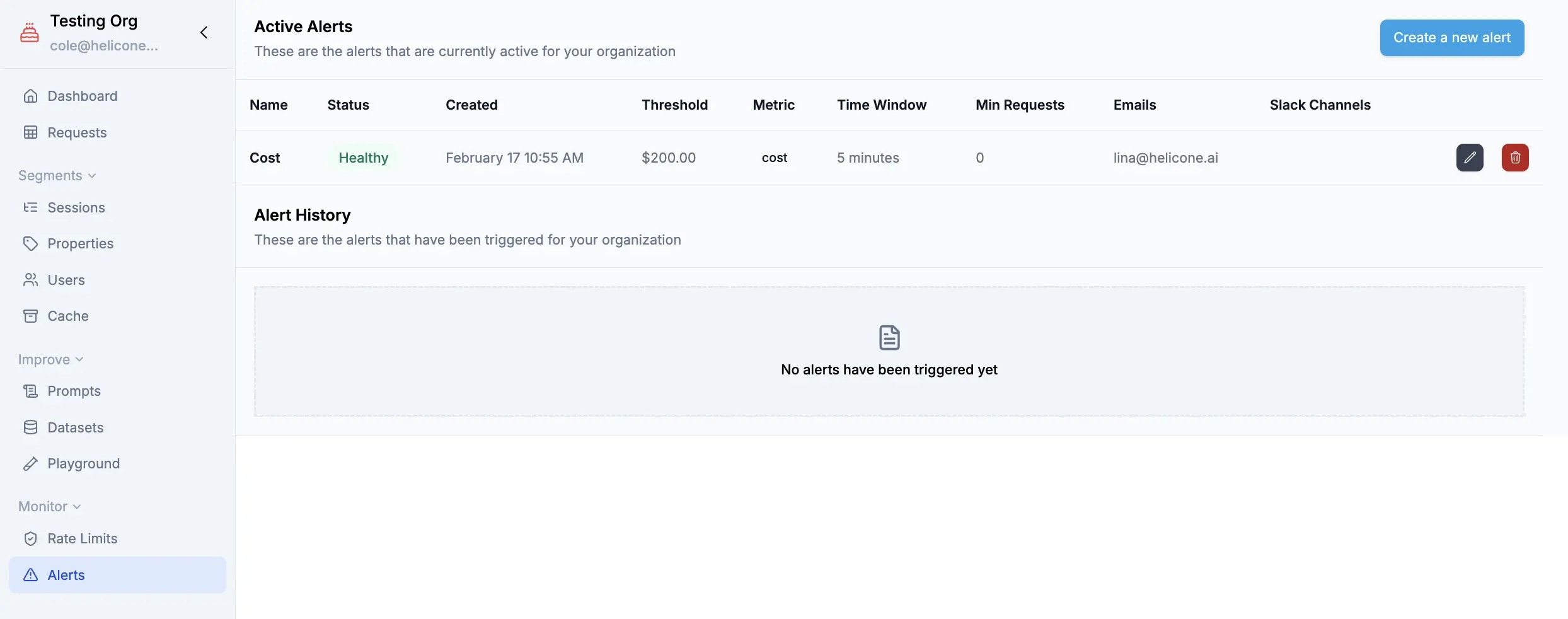 Helicone alerts dashboard with list of configured alerts