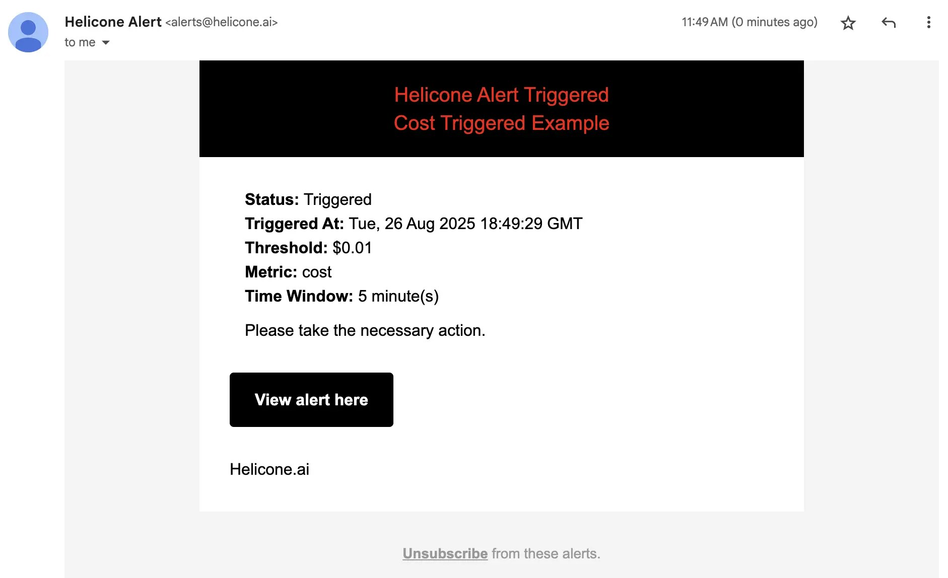 Email notification showing alert details and link to dashboard