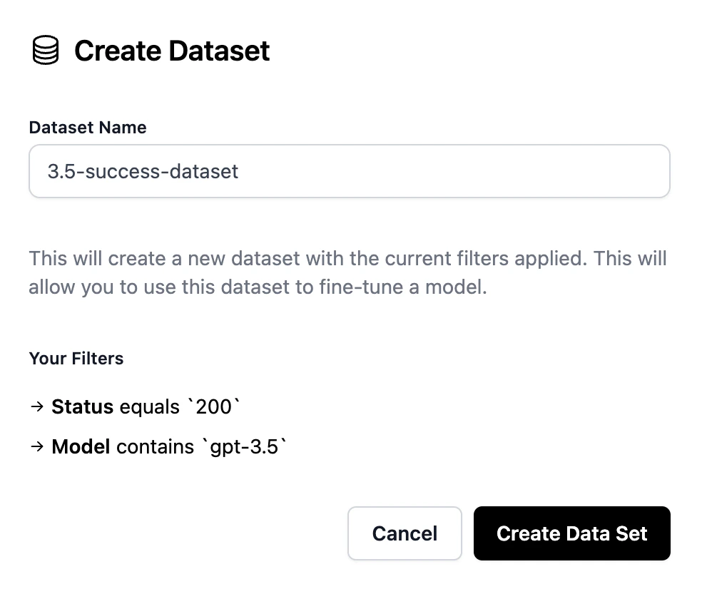 Creating and name your dataset in Helicone.