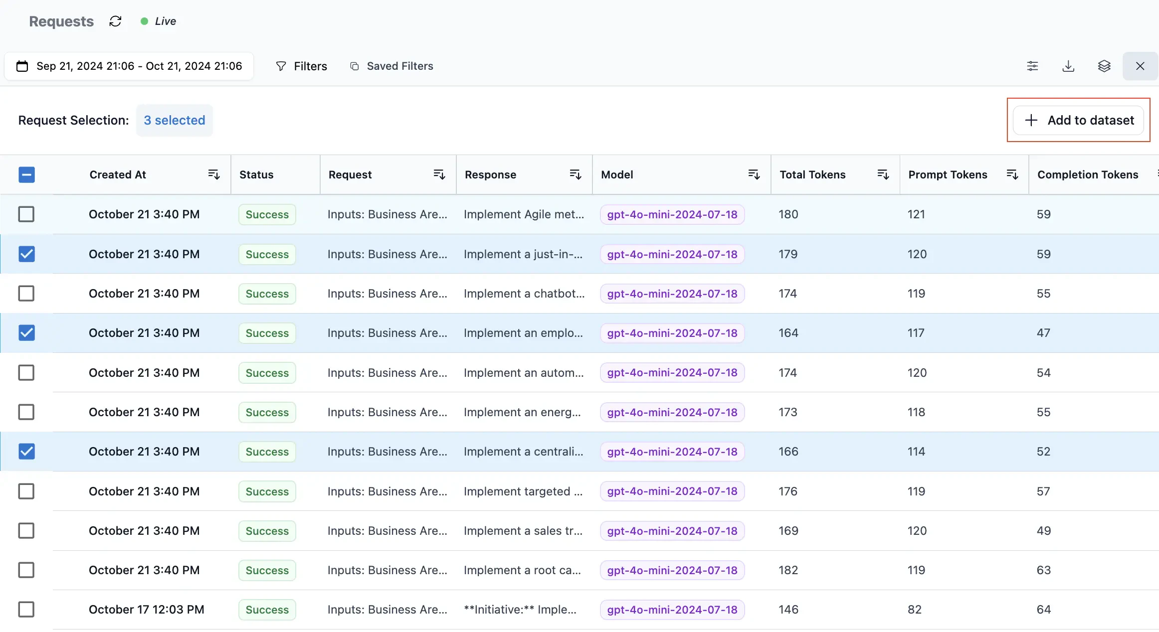 Helicone dataset curation interface with request filtering, scoring, and dataset management tools