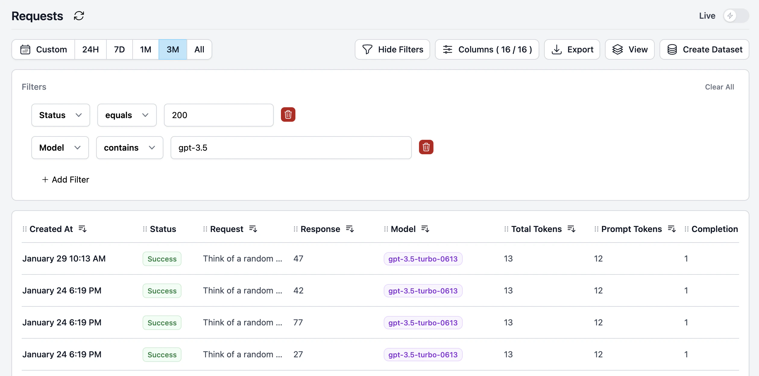 Filtering requests on the request page to create a dataset in Helicone.