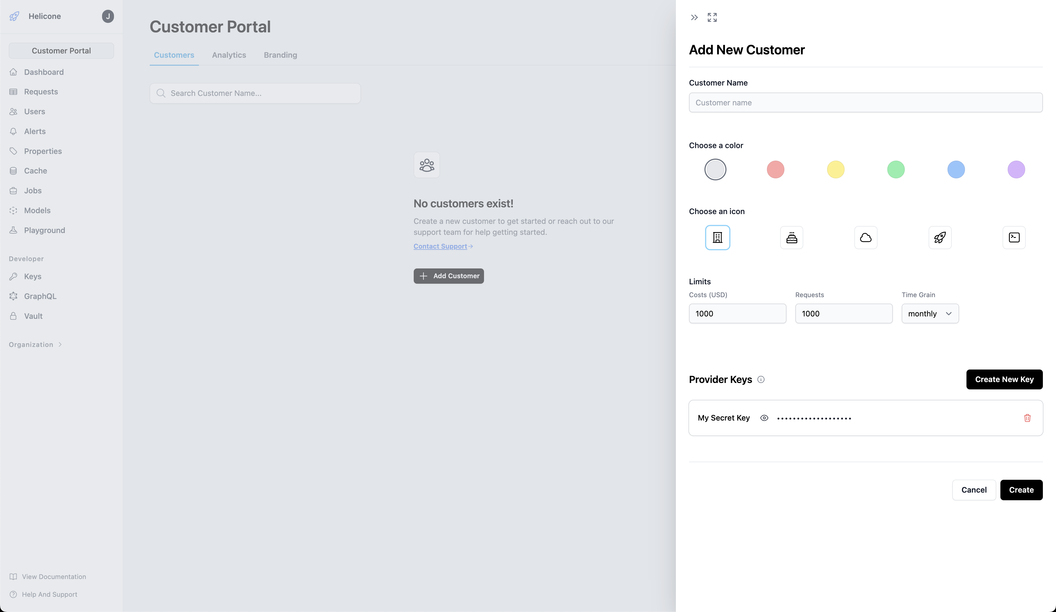 Adding a customer in Helicone's Customer Portal