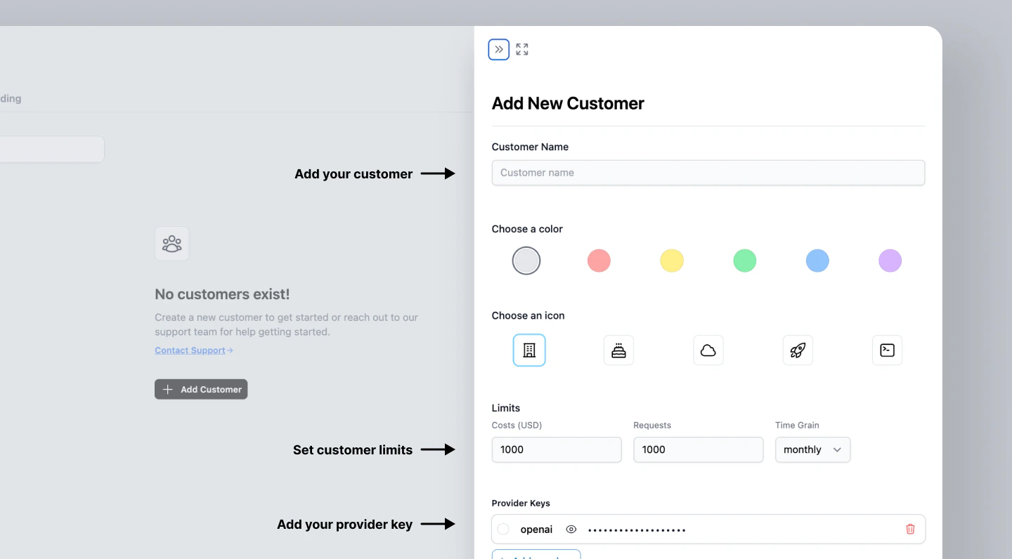 Adding customers in Helicone's Customer Portal interface, setting rate limits, and providing a user-specific proxy key.