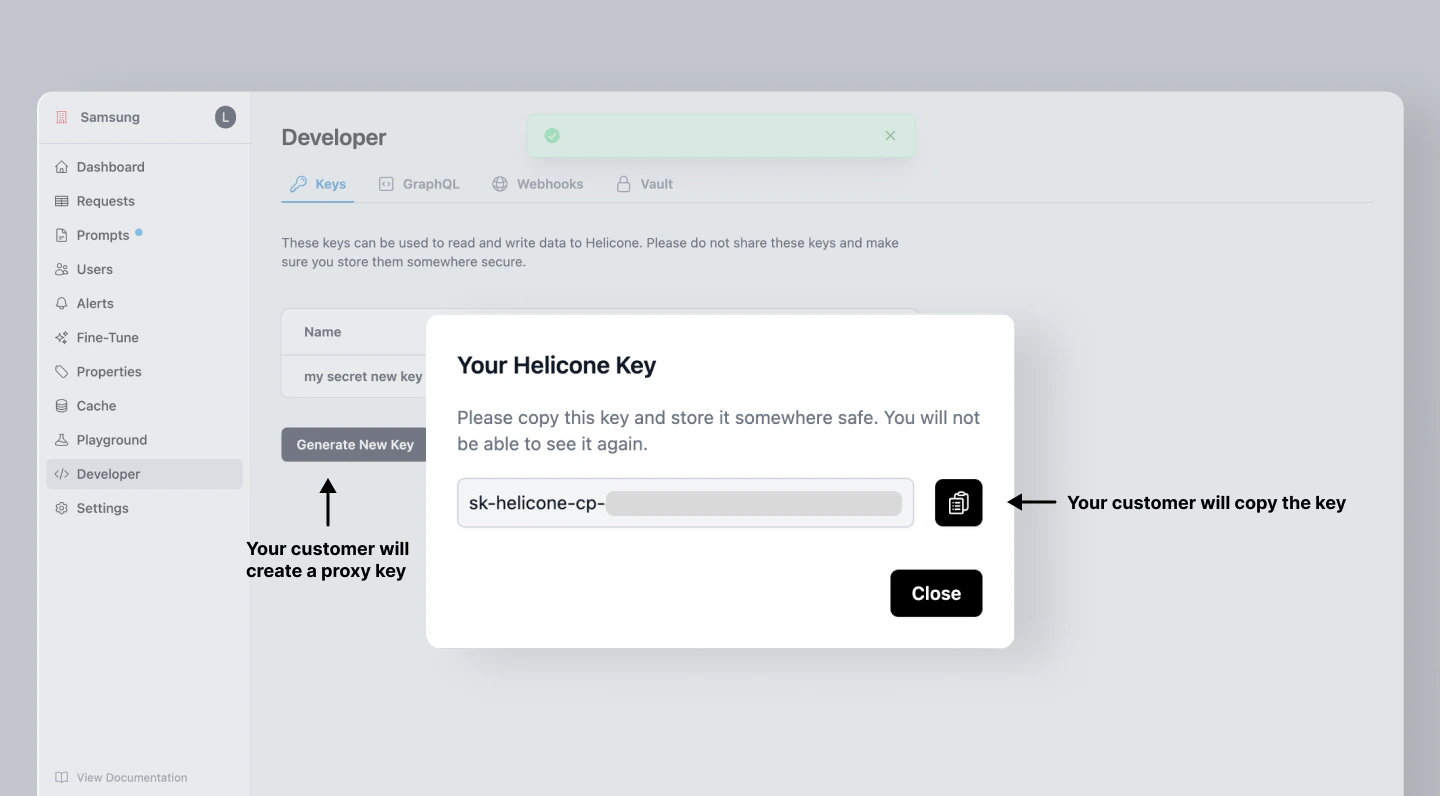 Generating a proxy key for Helicone Customer Portal