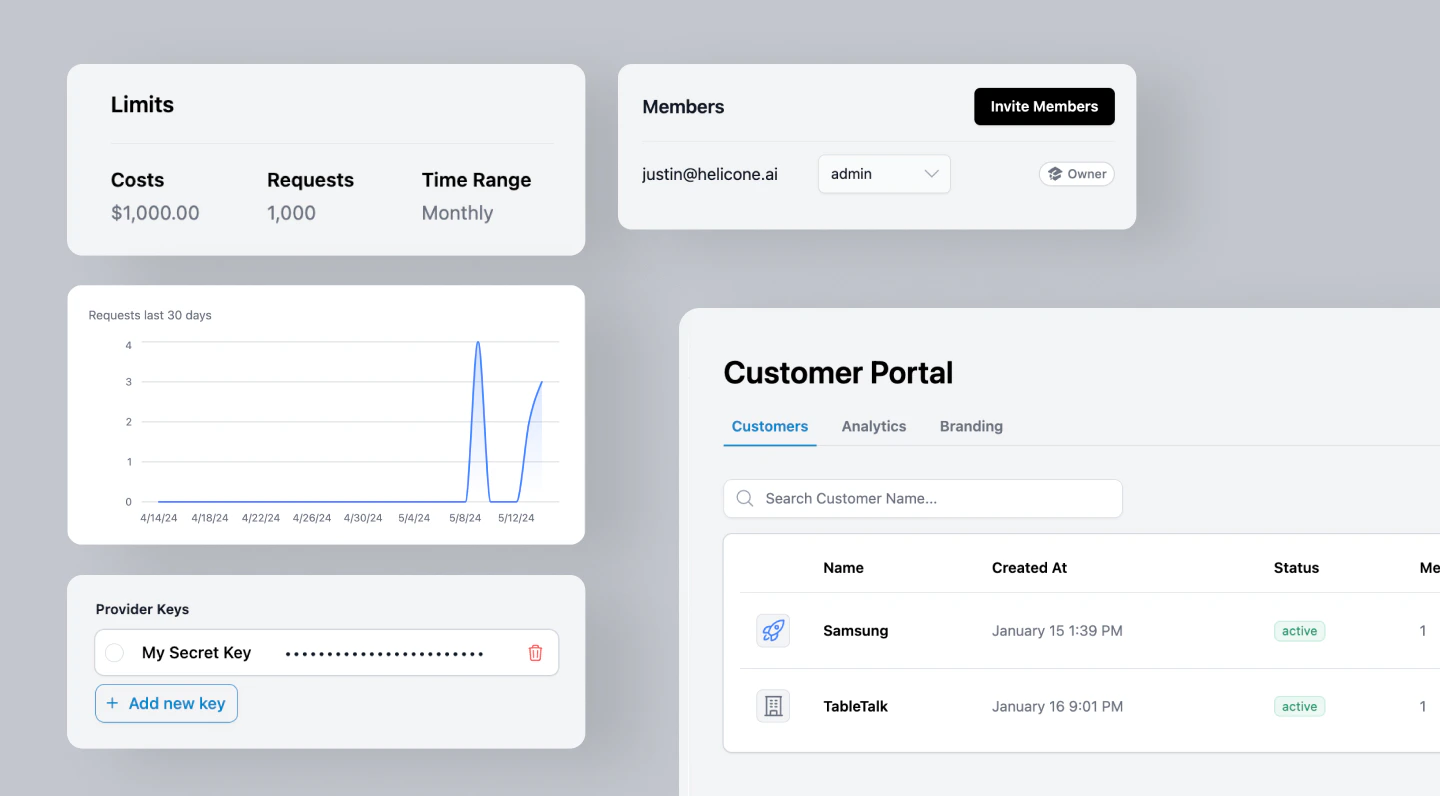 Helicone's built-in customer usage dashboard, billing system, and usage tracking interface.