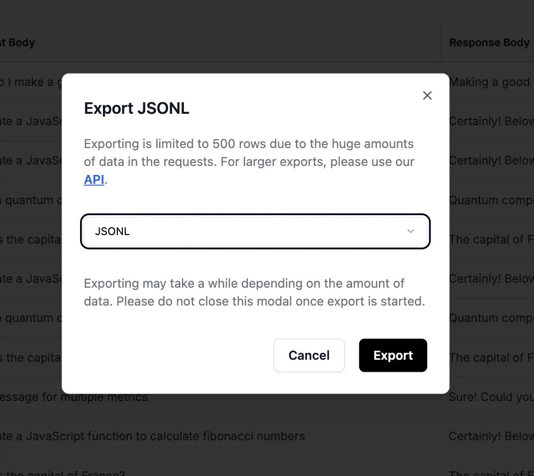 Dataset export dialog showing different format options