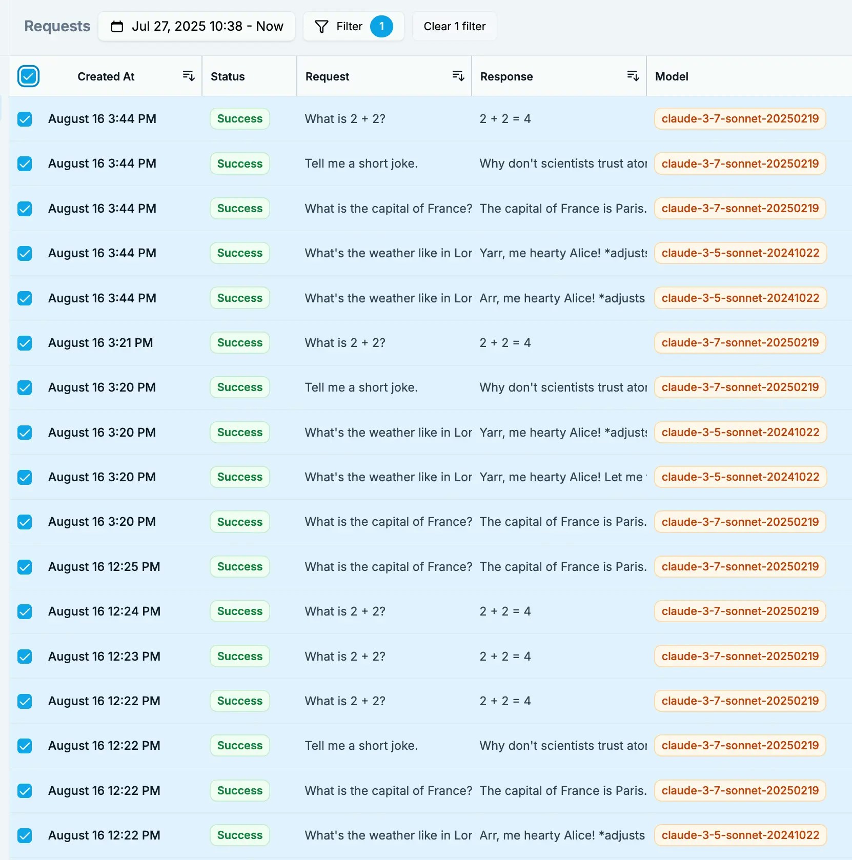 Selecting multiple requests to add to dataset