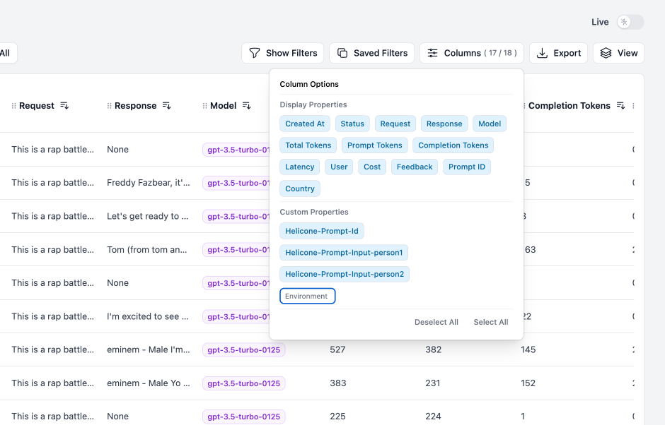 Example of modifying Helicone's interface to show or hide a custom property.