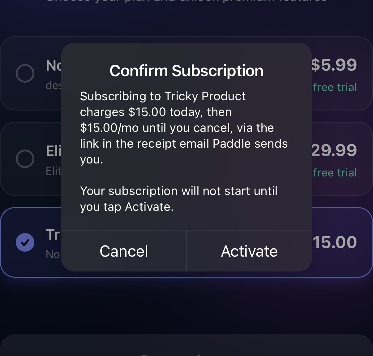California consent modal shown before activating a Paddle subscription