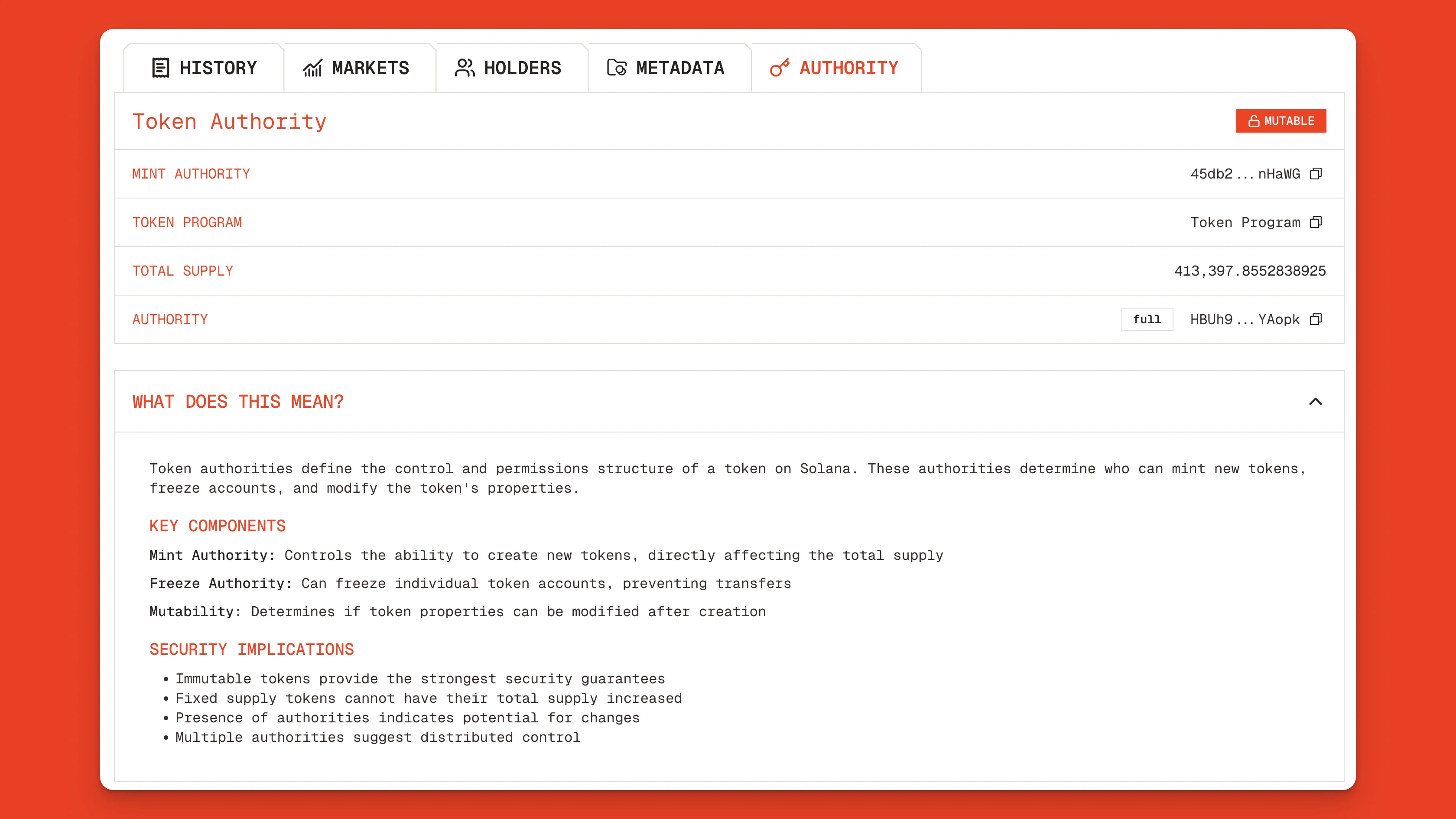 Solana token authority page showing Ore's authority, mint authority, token program, and total supply