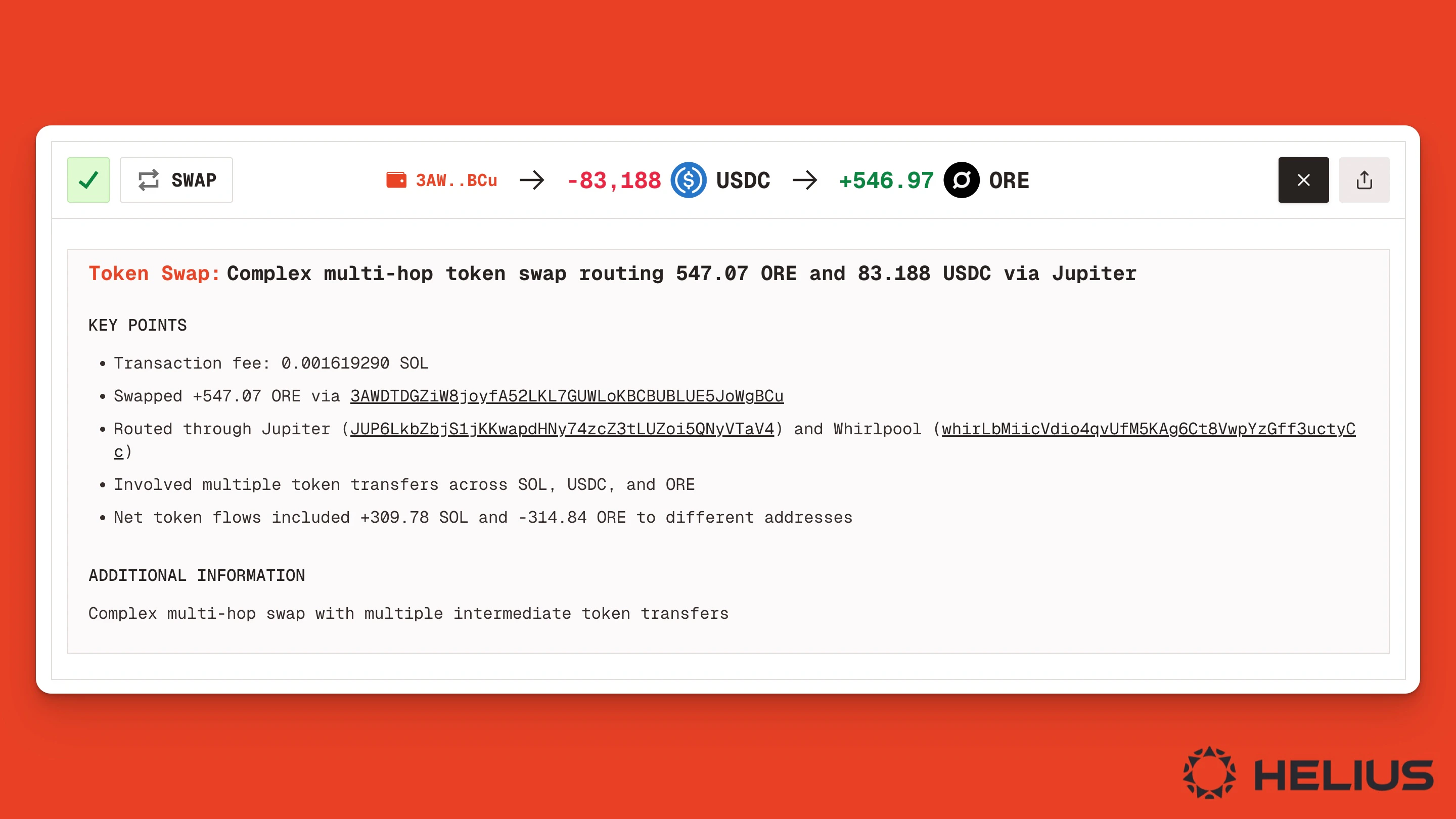 AI summary explaining a complex multi-hop token swap routing ORE for USDC via Jupiter
