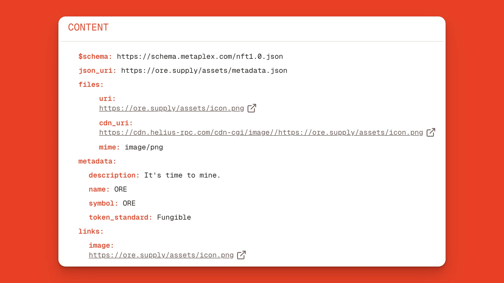 Ore's JSON token metadata, including files, descriptions, and links