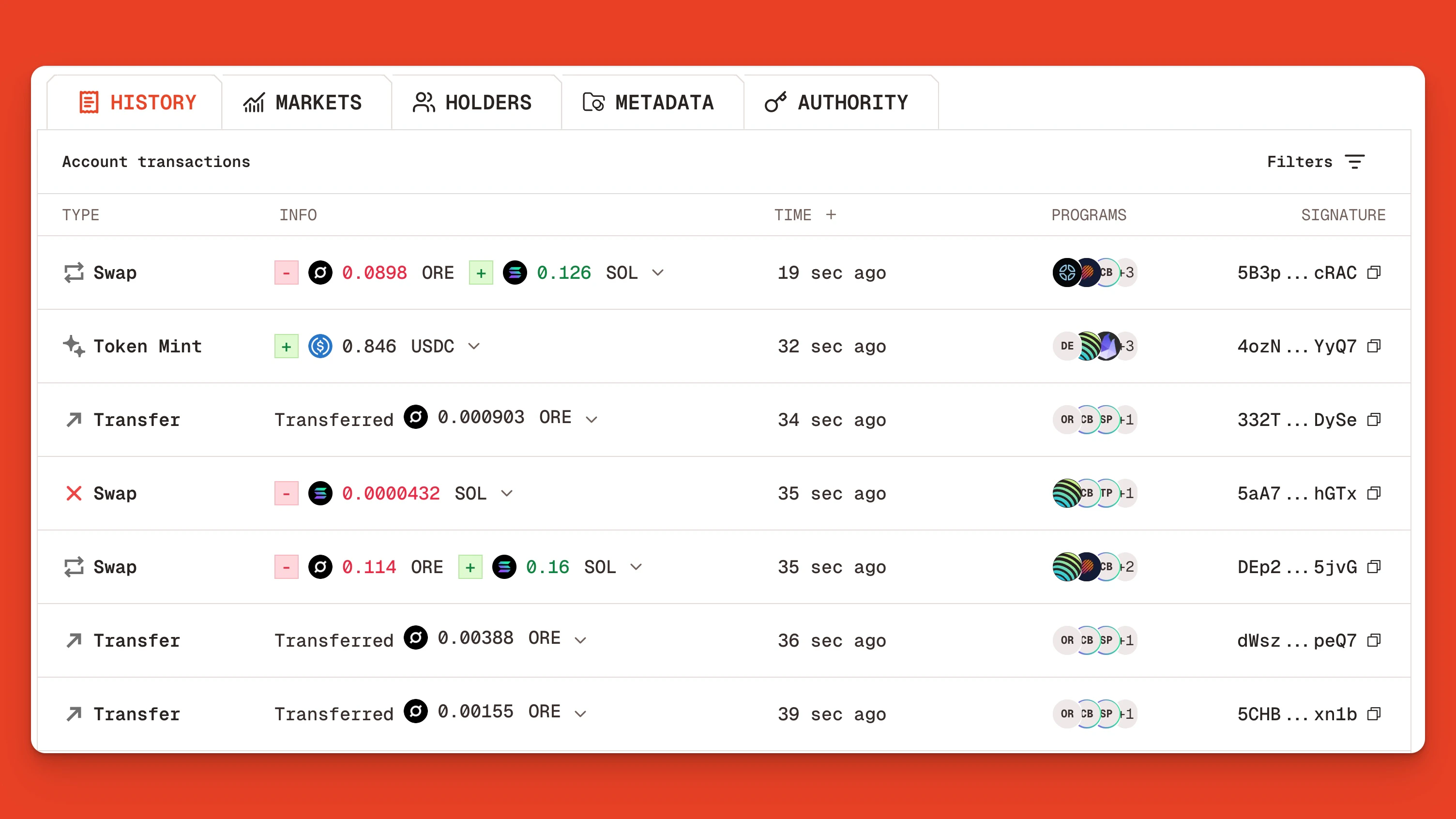 Ore's real-time token transaction feed showing the most recent swaps, mints, and transfers