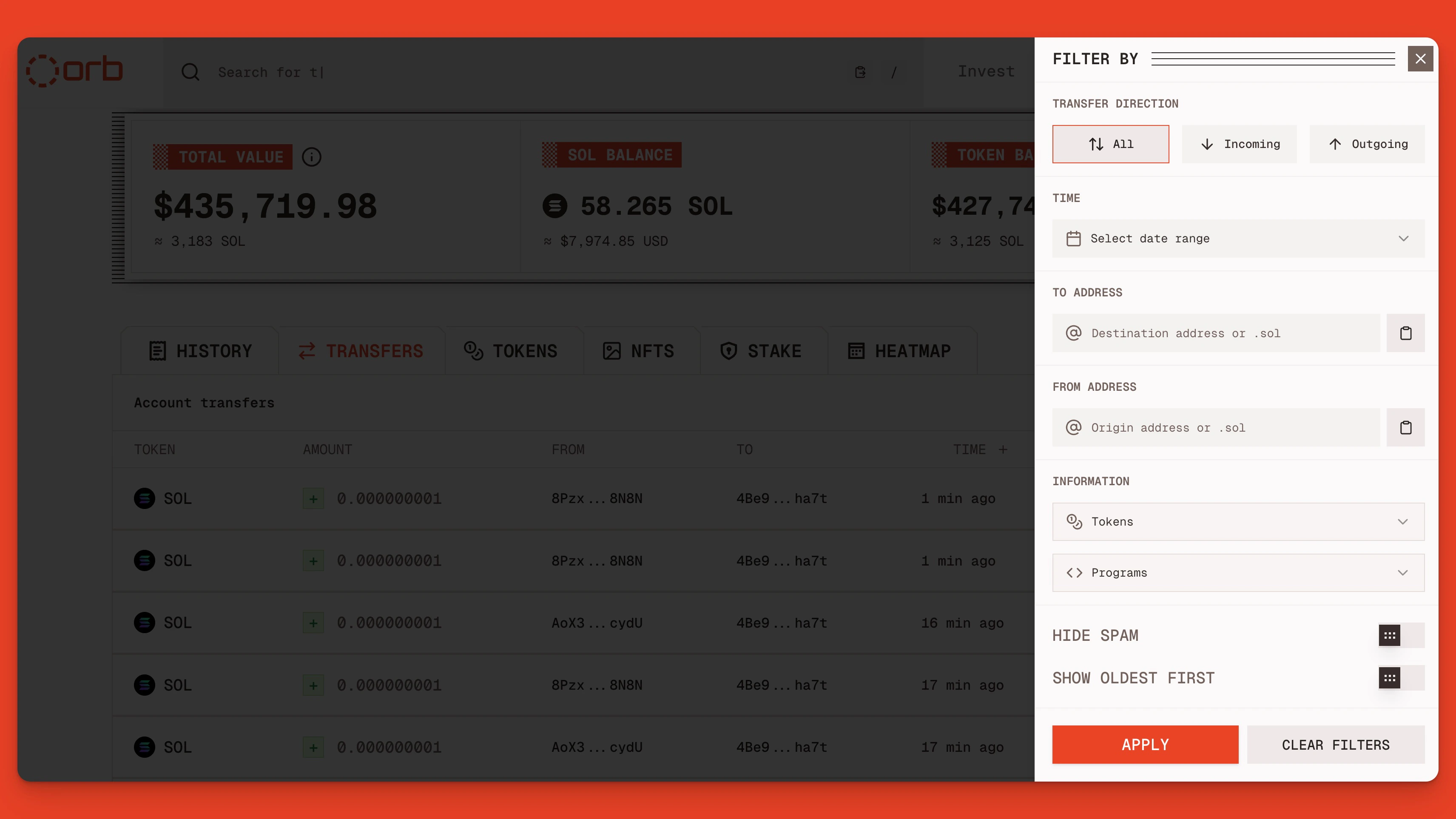 Solana Wallet Transfer History Filters On The Orb Explorer Jp
