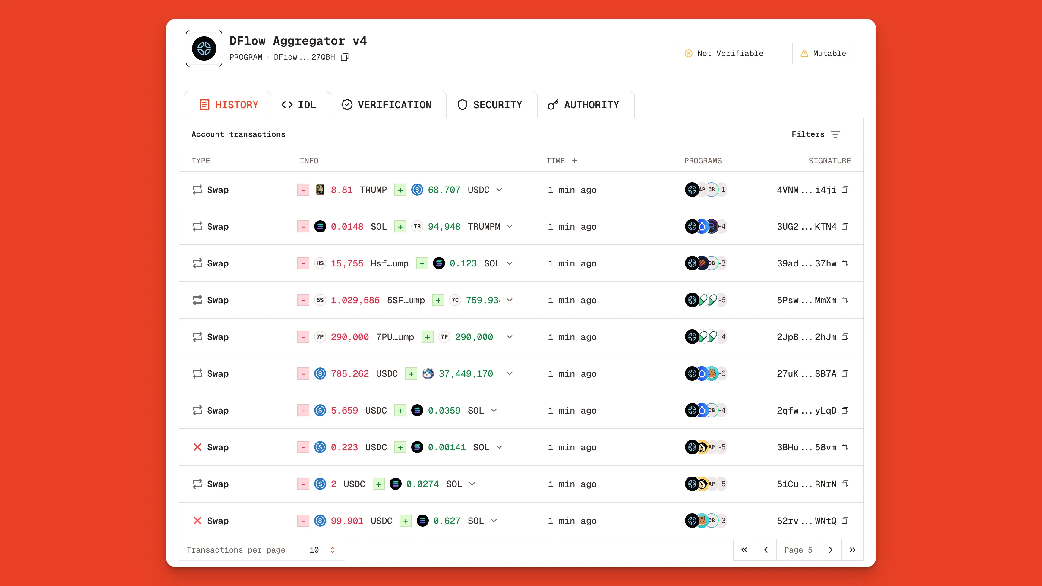 Recent transaction history for the DFlow Aggregator v4 program