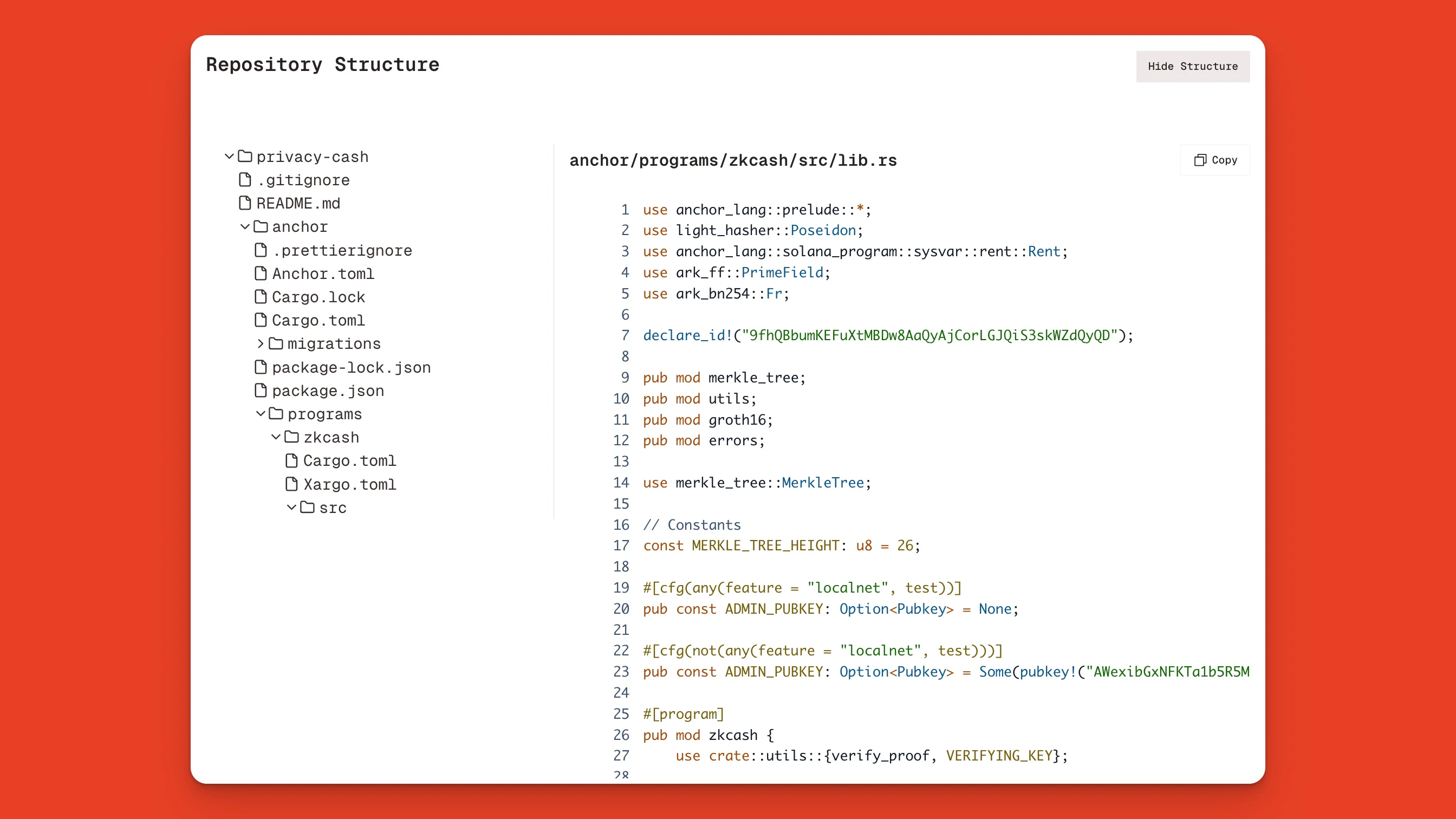 Privacy Cash's verified program repository structure on Orb with the lib.rs file open