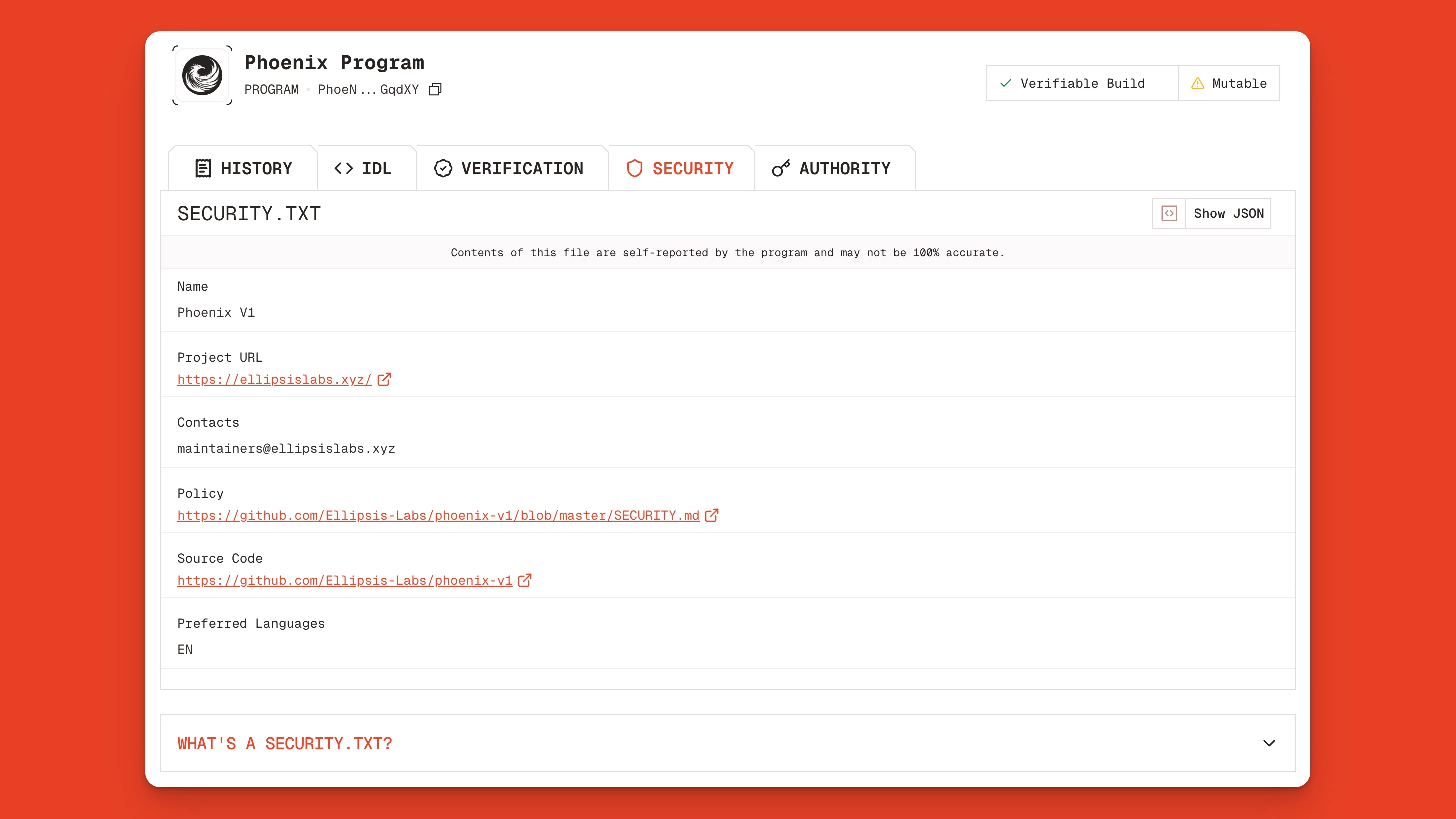 Security.txt file for the Phoenix program (built by Ellipsis Labs) on Solana