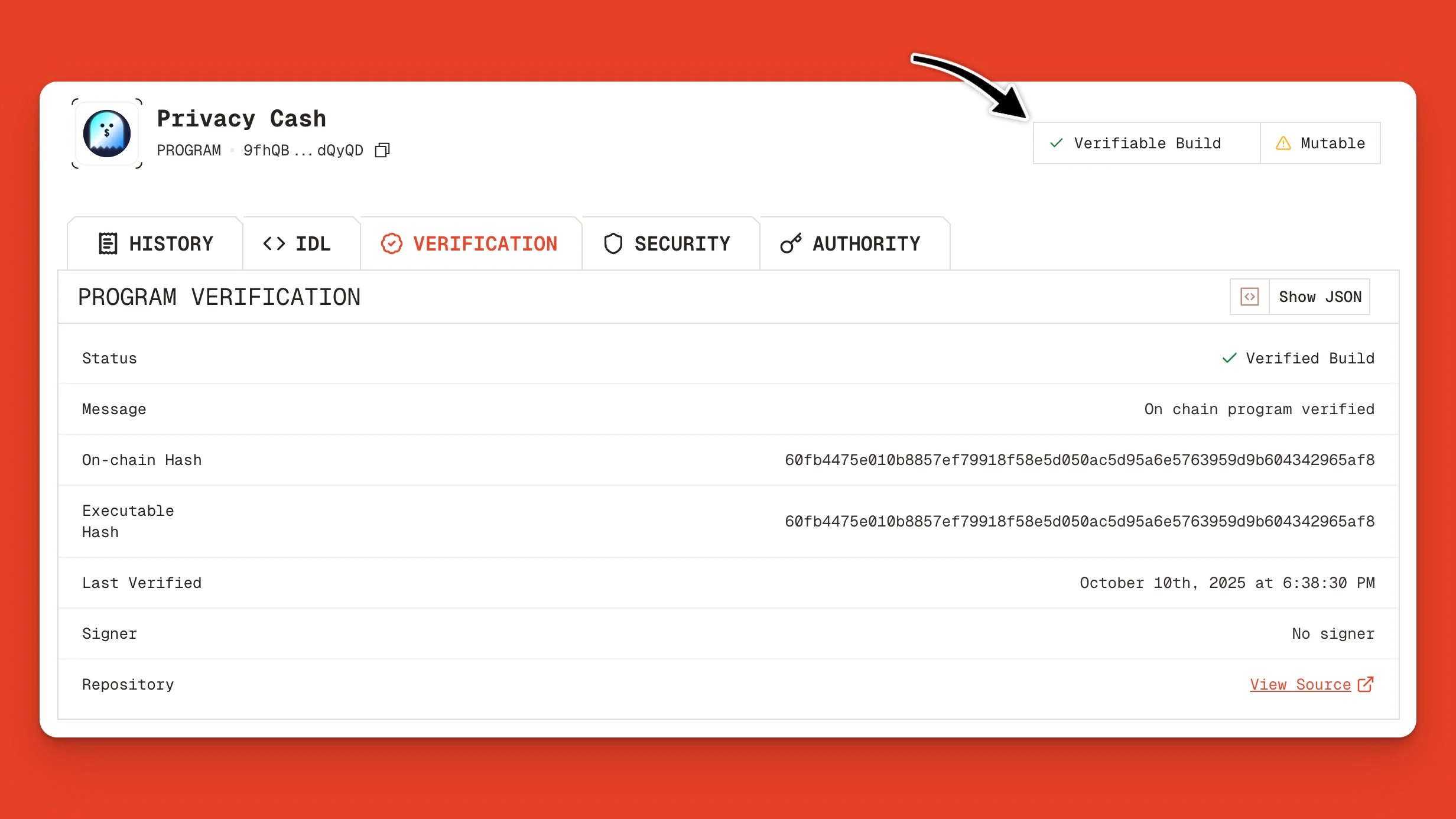 Verified build page for Privacy Cash on Orb