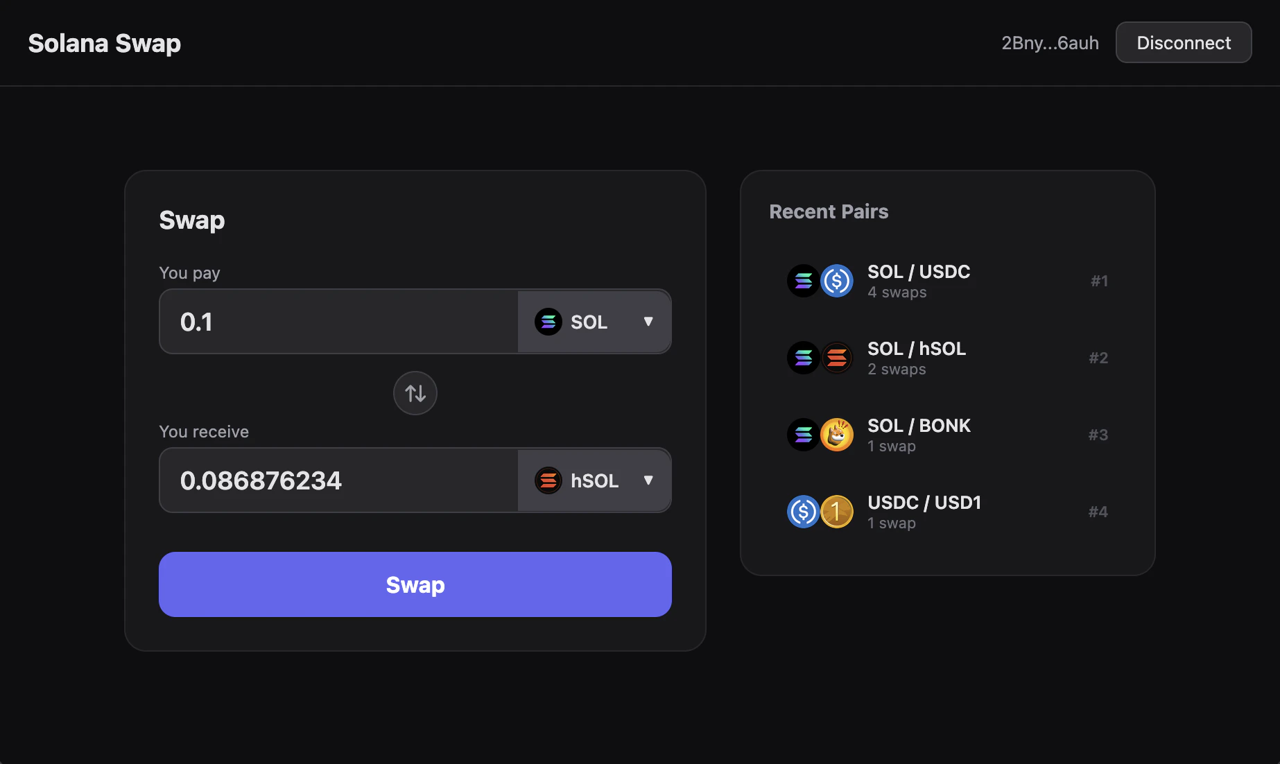Personalized swap UI with recent pairs panel