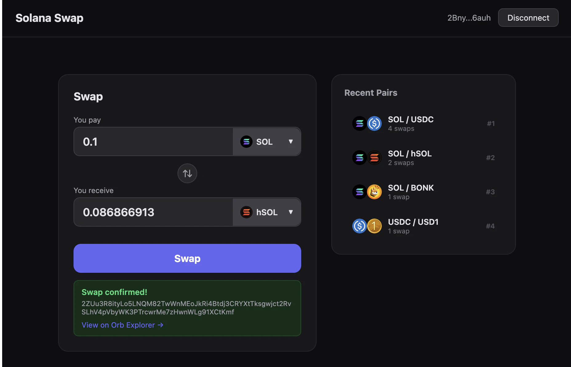 Successful Swap Output With Full Signature And Explorer Link