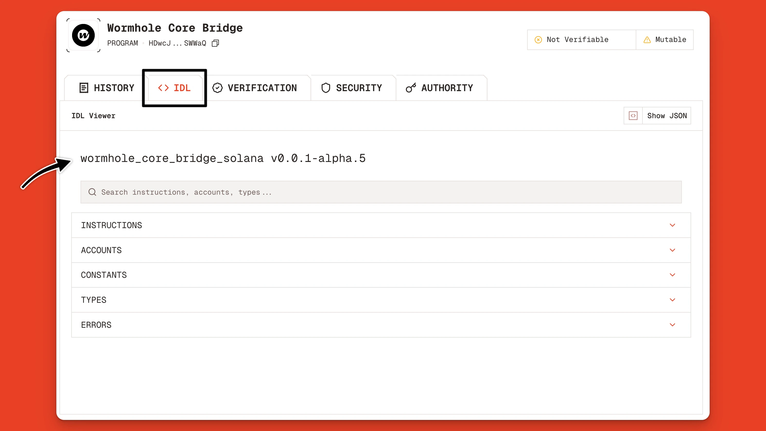 Solana Devnet Program Idl Explorer On Orb For The Wormhole Core Bridge Contract Jp