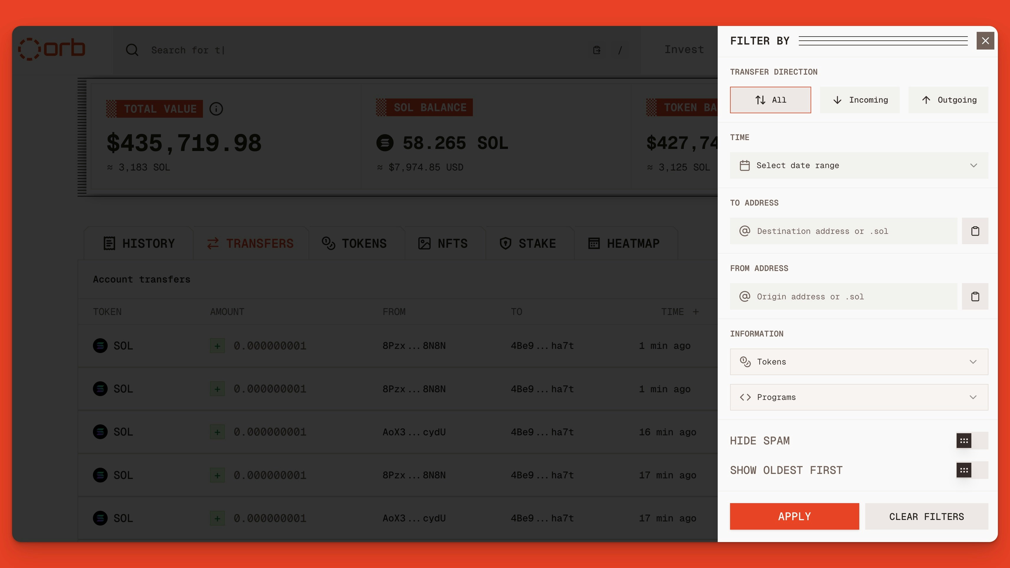Solana Wallet Transfer History Filters On The Orb Explorer Jp