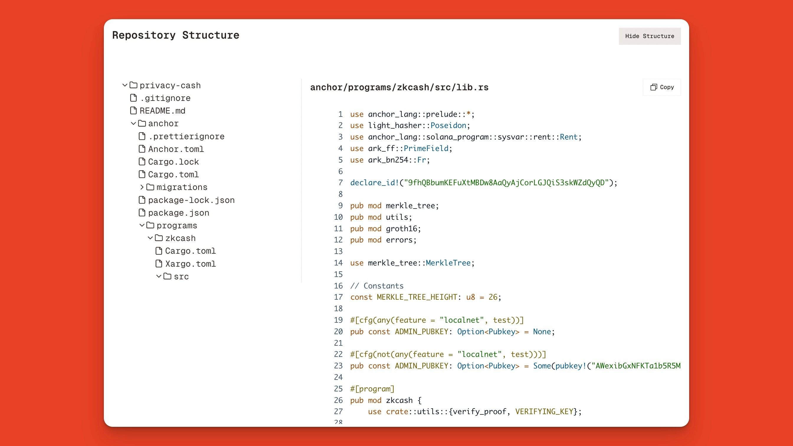 Privacy Cash's verified program repository structure on Orb with the lib.rs file open
