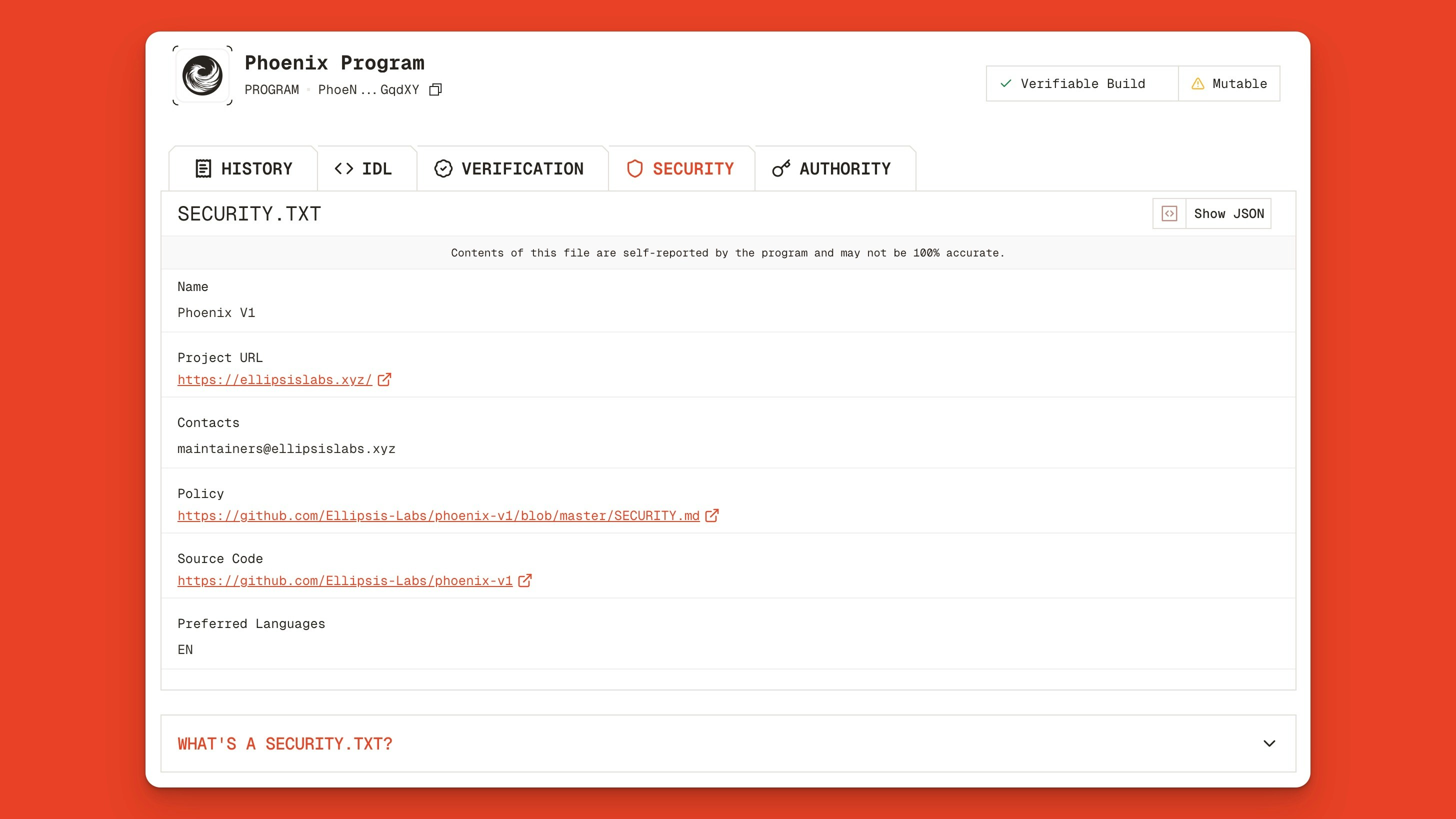 Security.txt file for the Phoenix program (built by Ellipsis Labs) on Solana