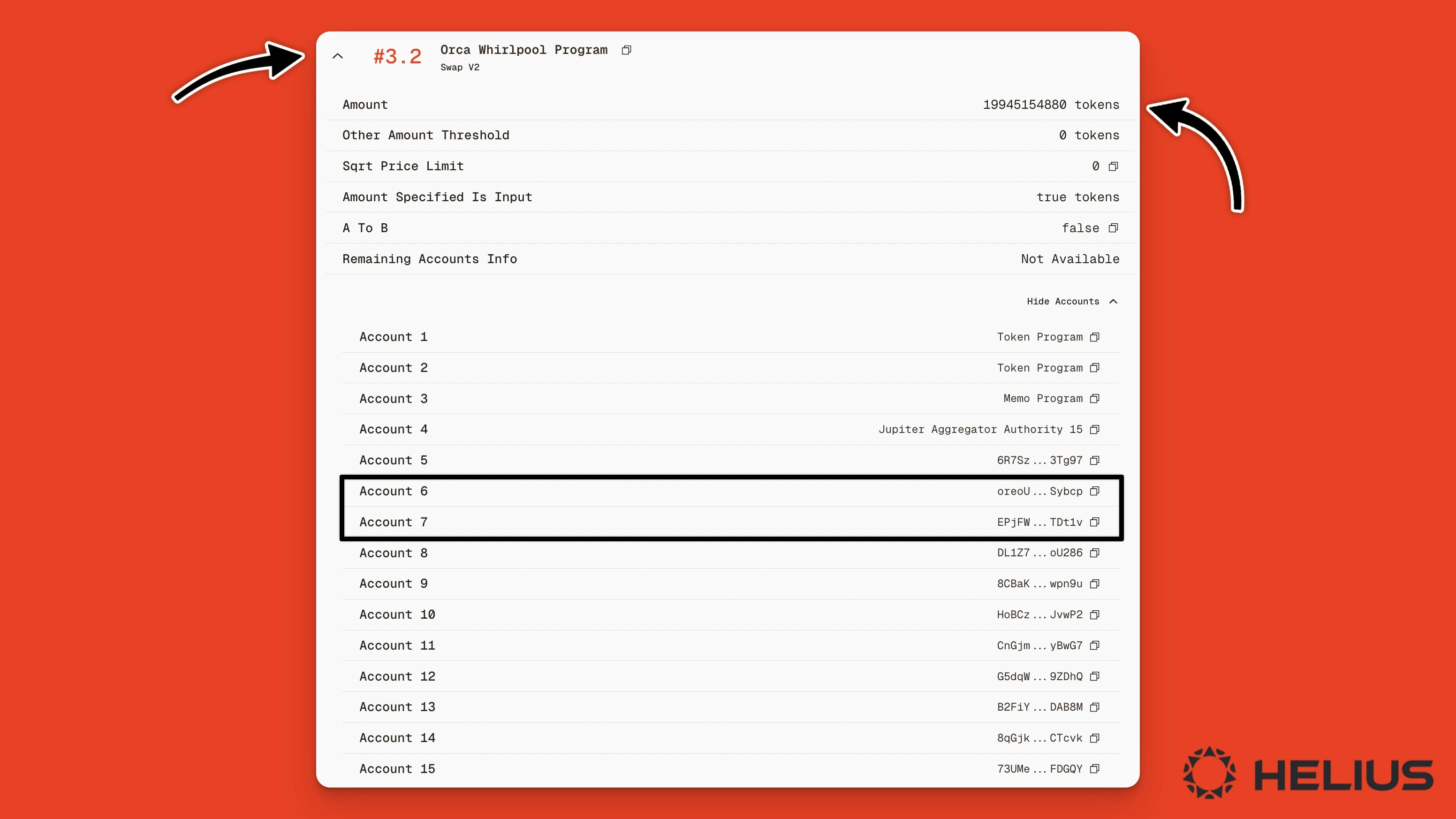 第二个内部指令涉及 Jupiter 的 Aggregator v6 程序在 Orca 的 Whirlpool 程序上调用 USDC 和 ORE 之间的交换