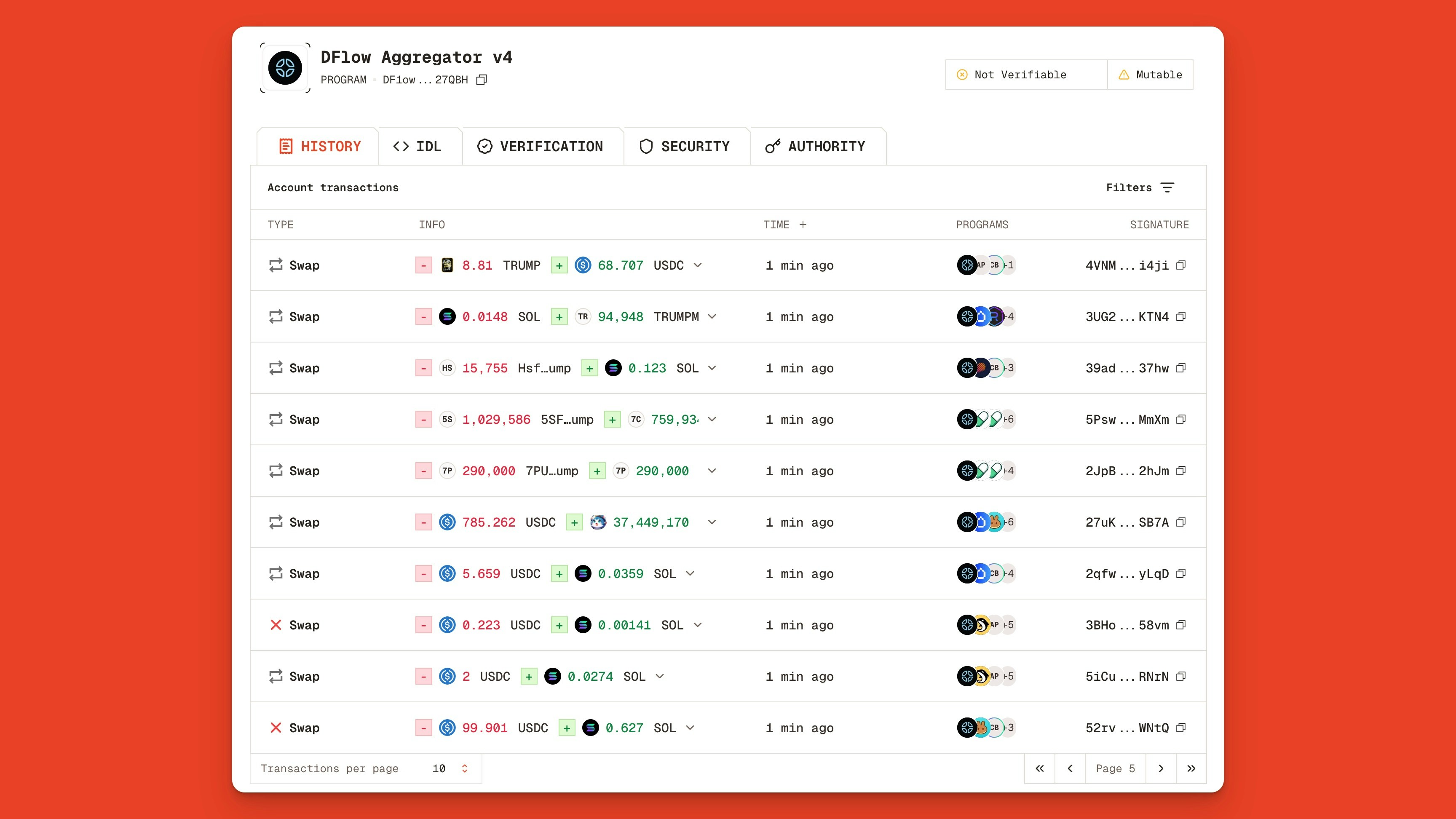 Recent transaction history for the DFlow Aggregator v4 program