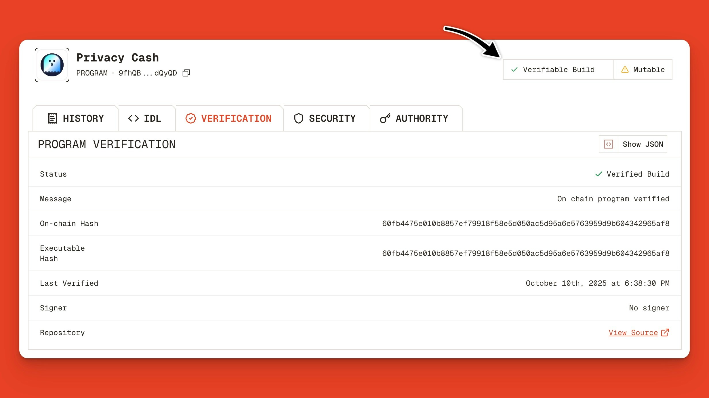 Verified build page for Privacy Cash on Orb
