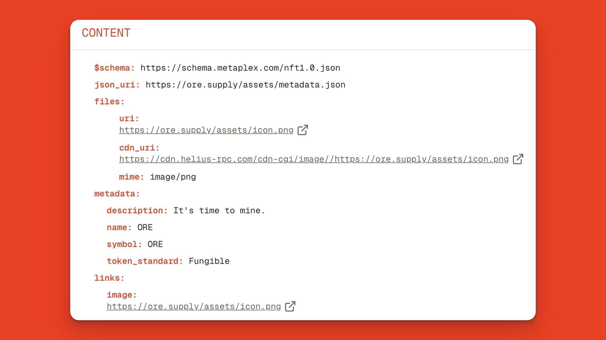 Ore's JSON token metadata, including files, descriptions, and links