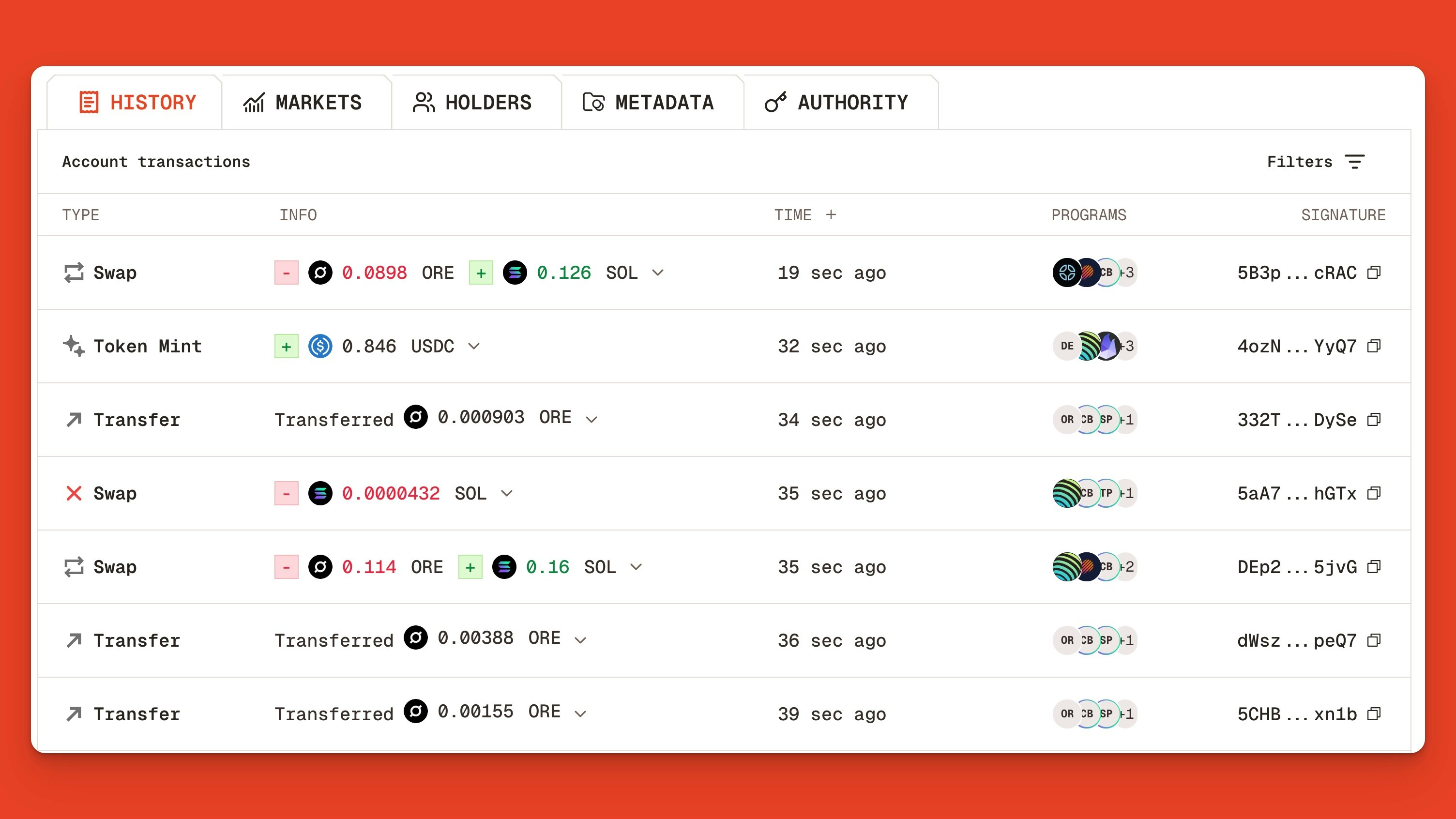 Ore's real-time token transaction feed showing the most recent swaps, mints, and transfers