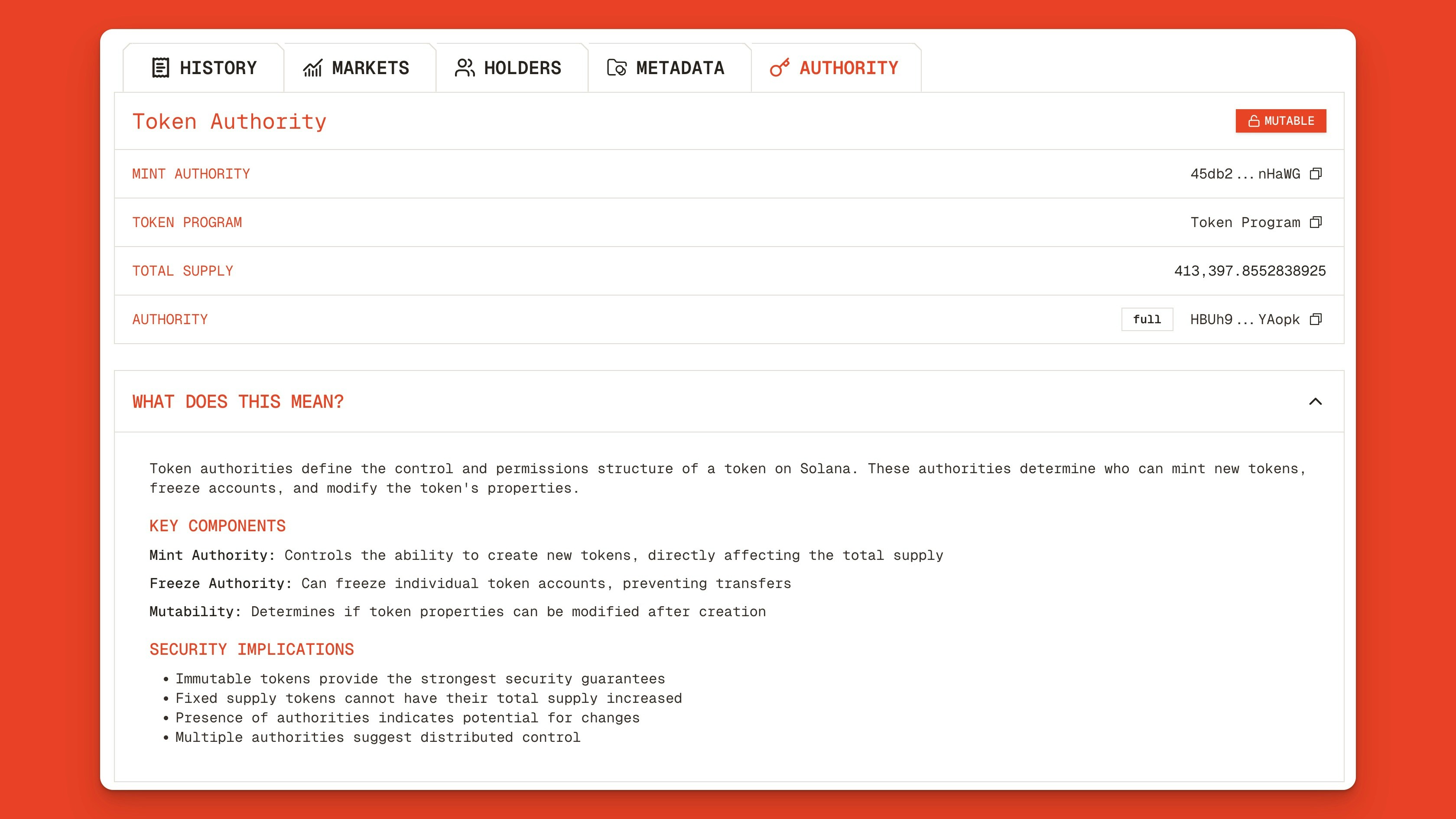 Solana token authority page showing Ore's authority, mint authority, token program, and total supply