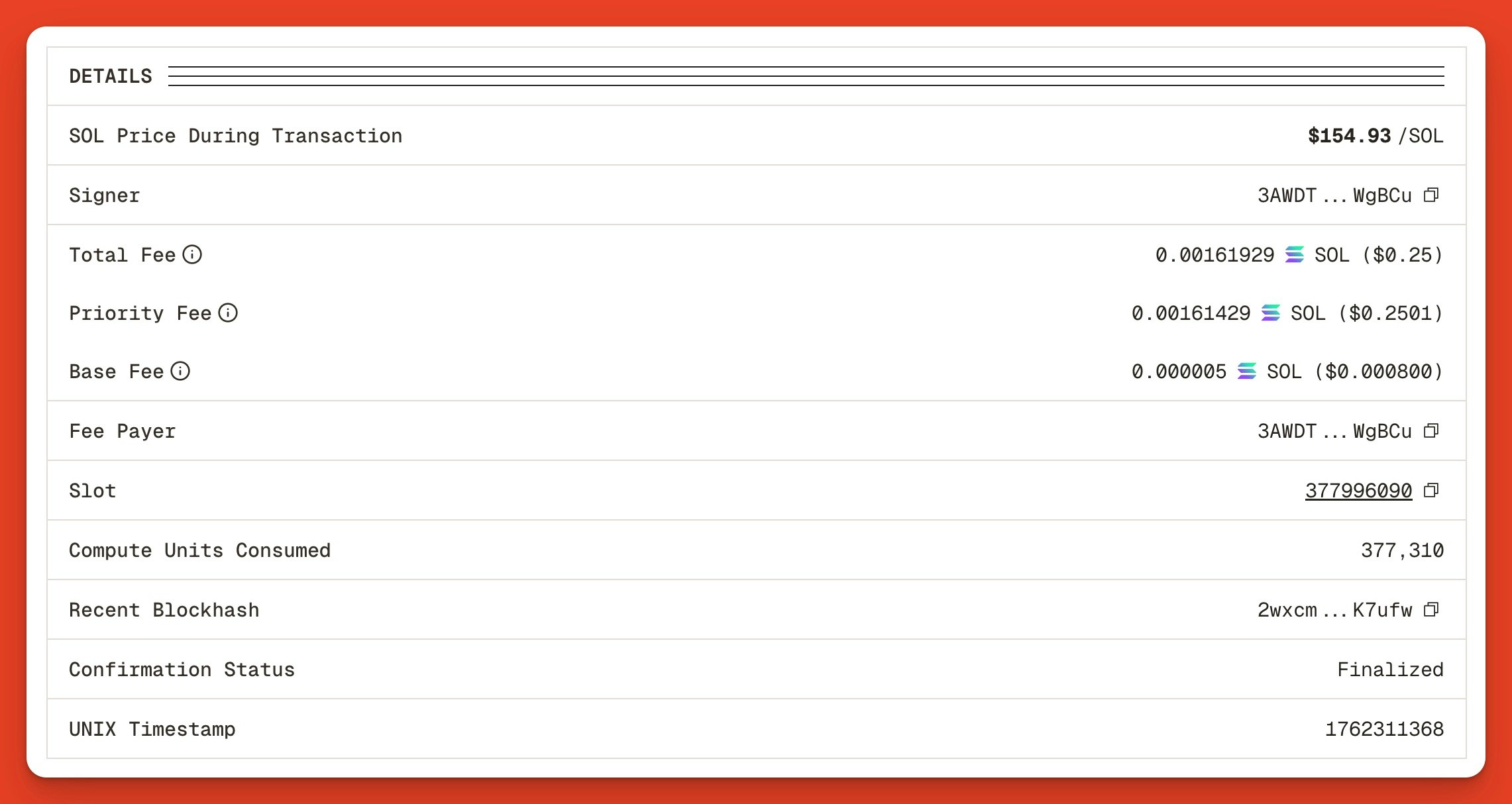 Solana transaction details, including fees, fee payer, compute units consumed, confirmation, timestamp, and slot