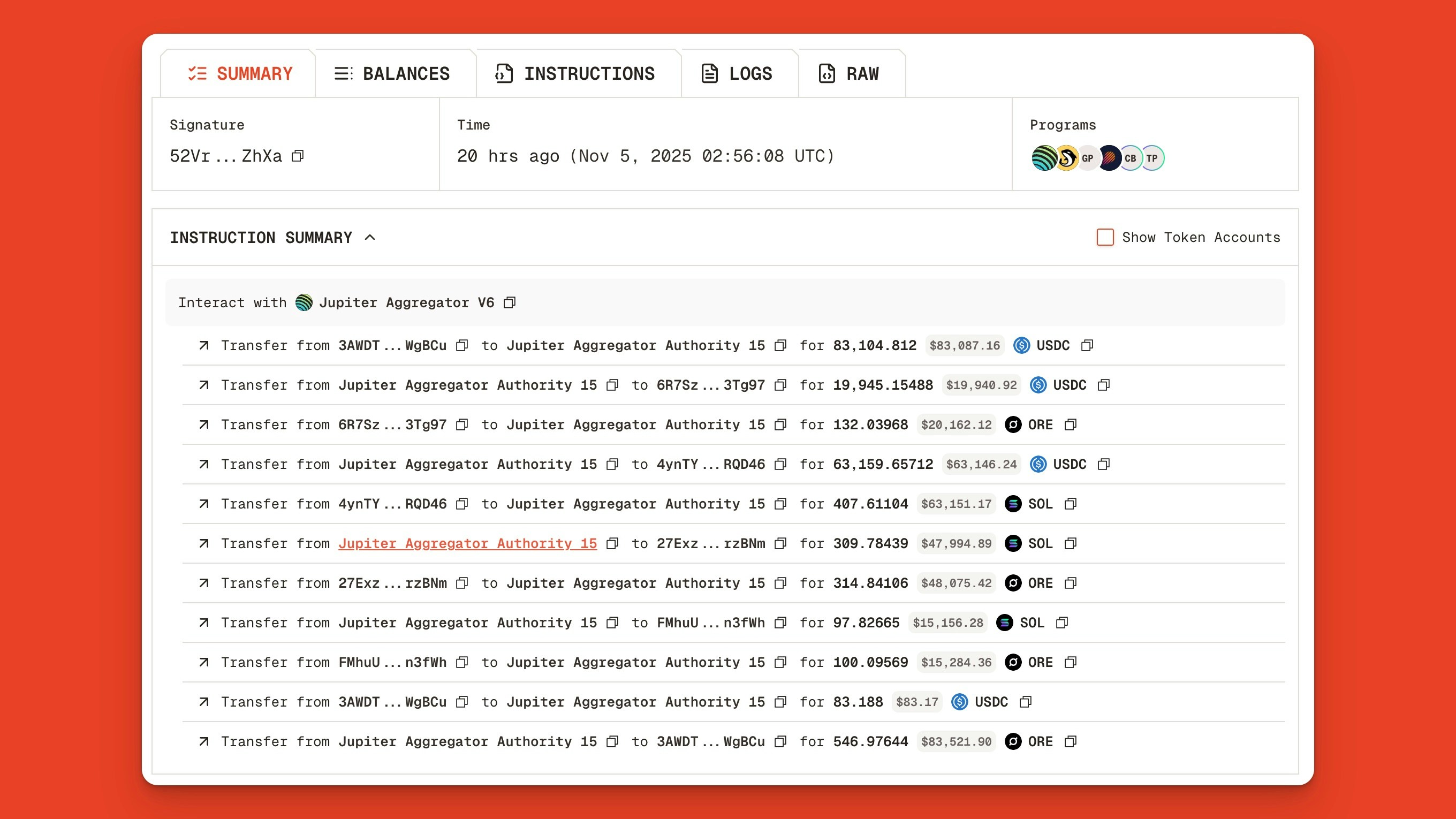 Instruction summary showing intermediate transaction steps