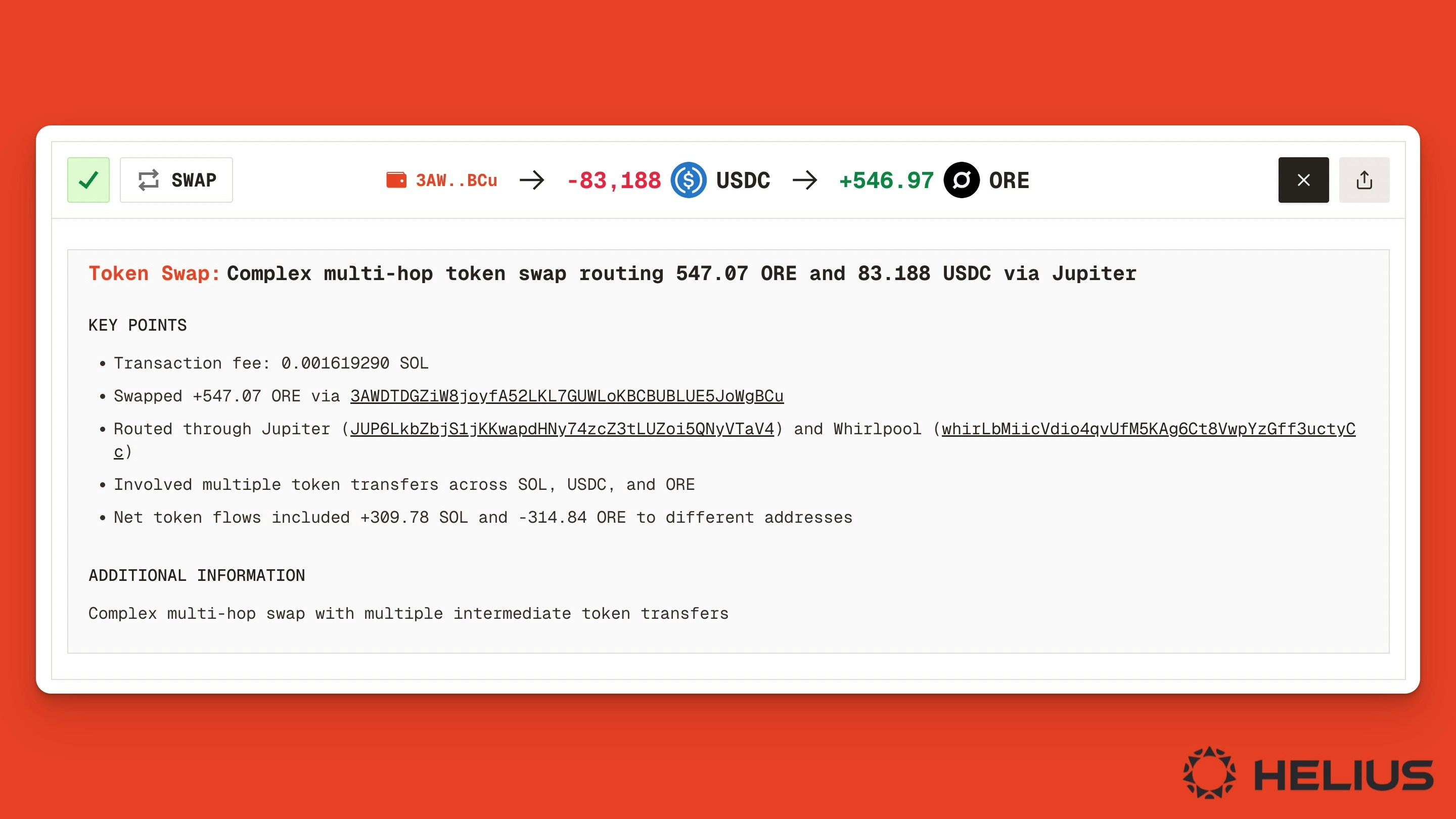 AI summary explaining a complex multi-hop token swap routing ORE for USDC via Jupiter