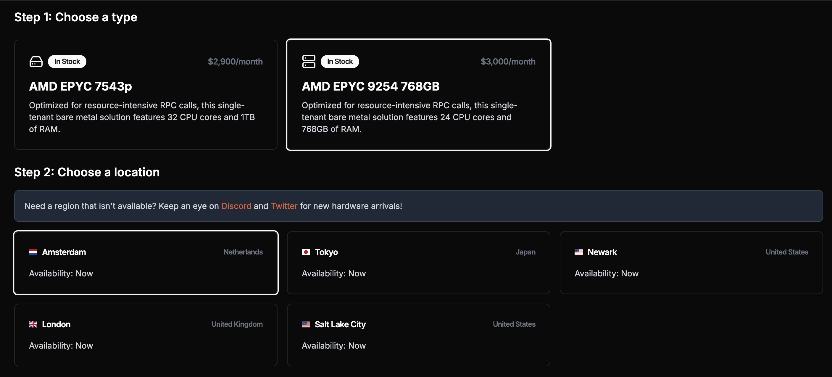 Choose your dedicated node's type and location