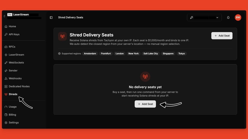 Helius Dashboard Shreds tab with the sidebar Shreds navigation item and Add Seat button highlighted on the Shred Delivery Seats page