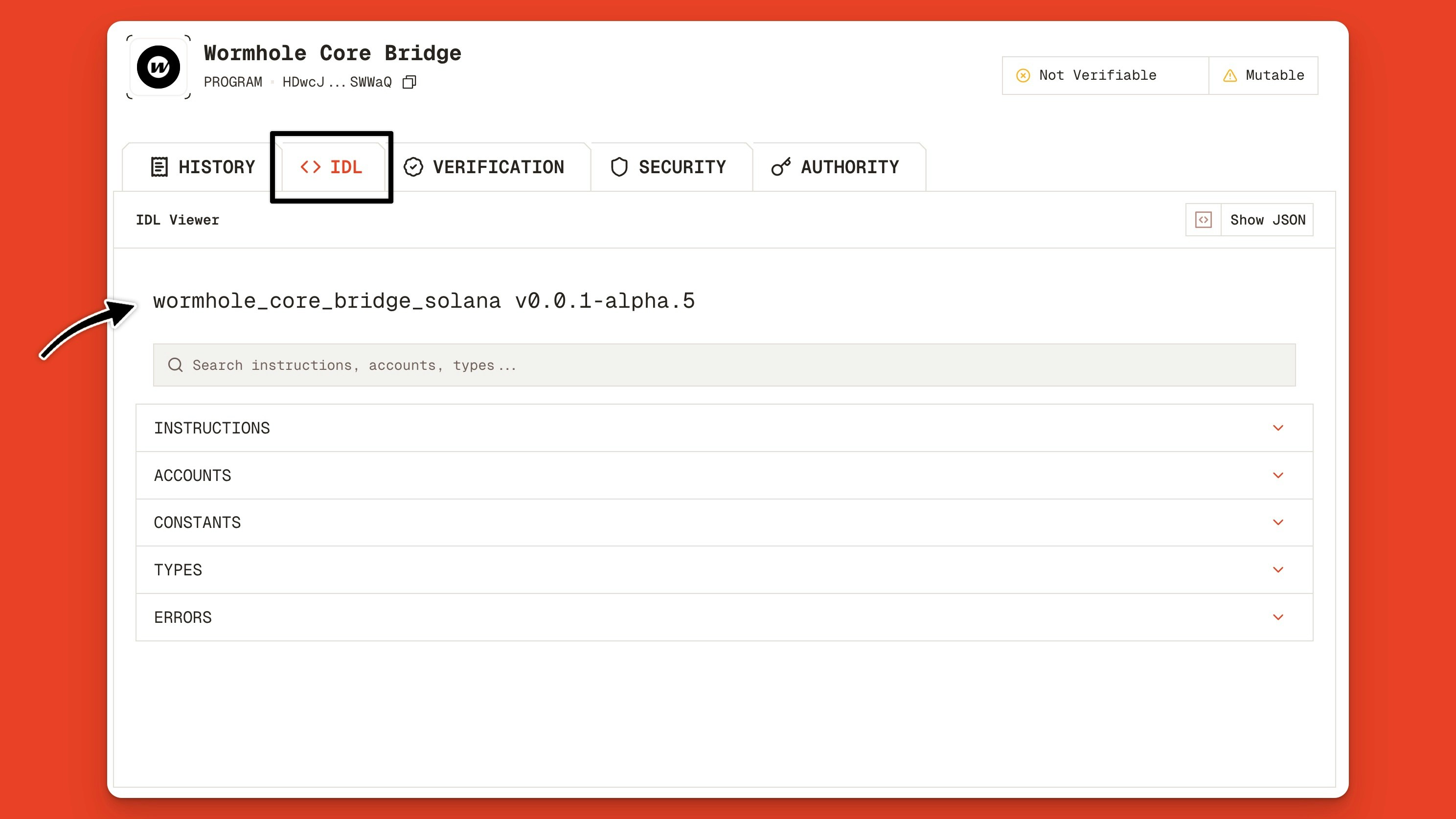 Solana Devnet Program Idl Explorer On Orb For The Wormhole Core Bridge Contract Jp
