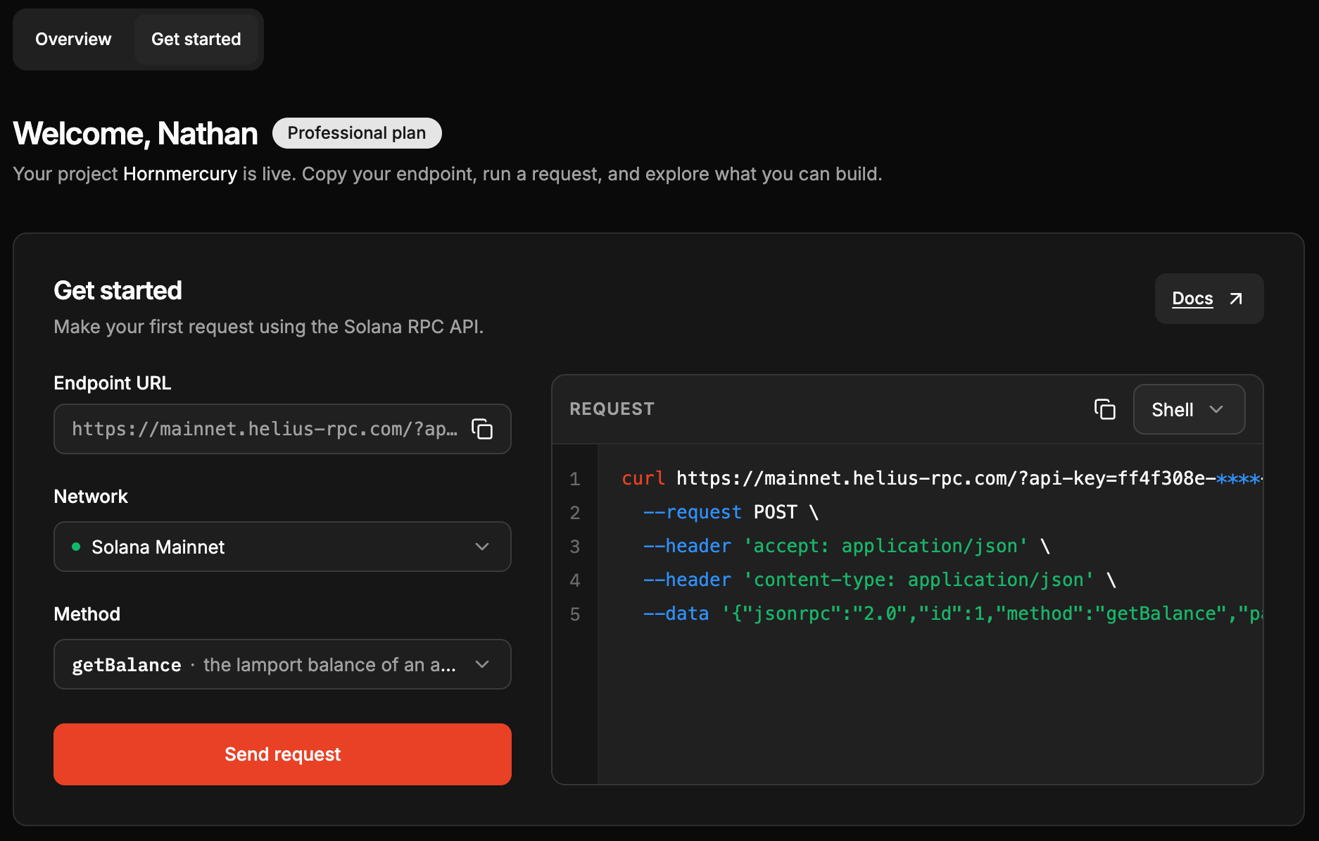 Helius dashboard Get started section: copy your endpoint, pick a method, and send your first request