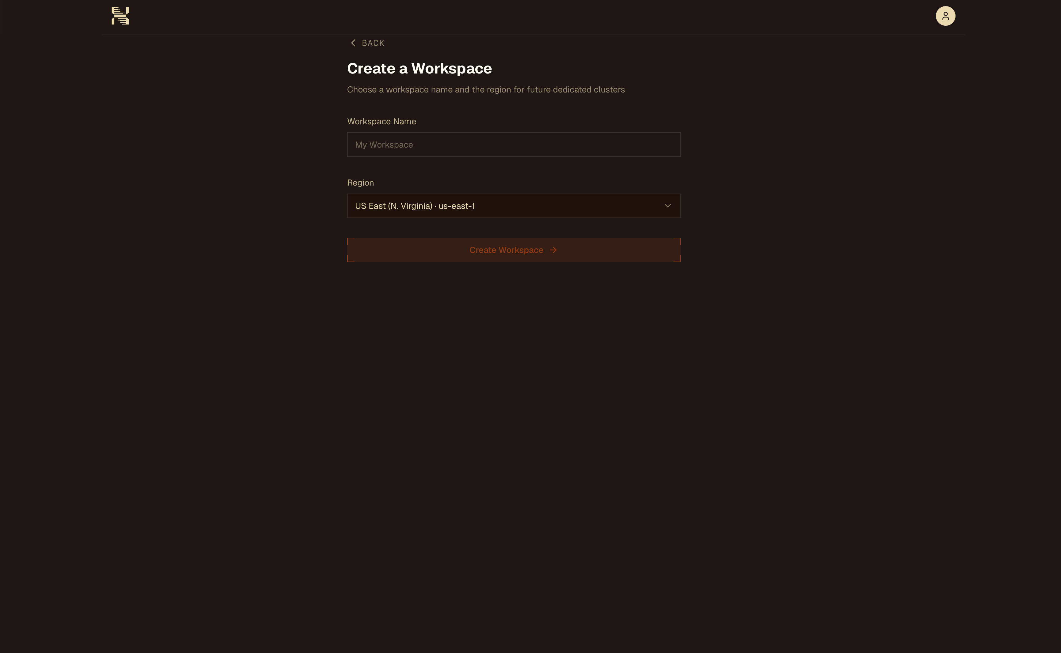 Create a Workspace form with workspace name and region fields