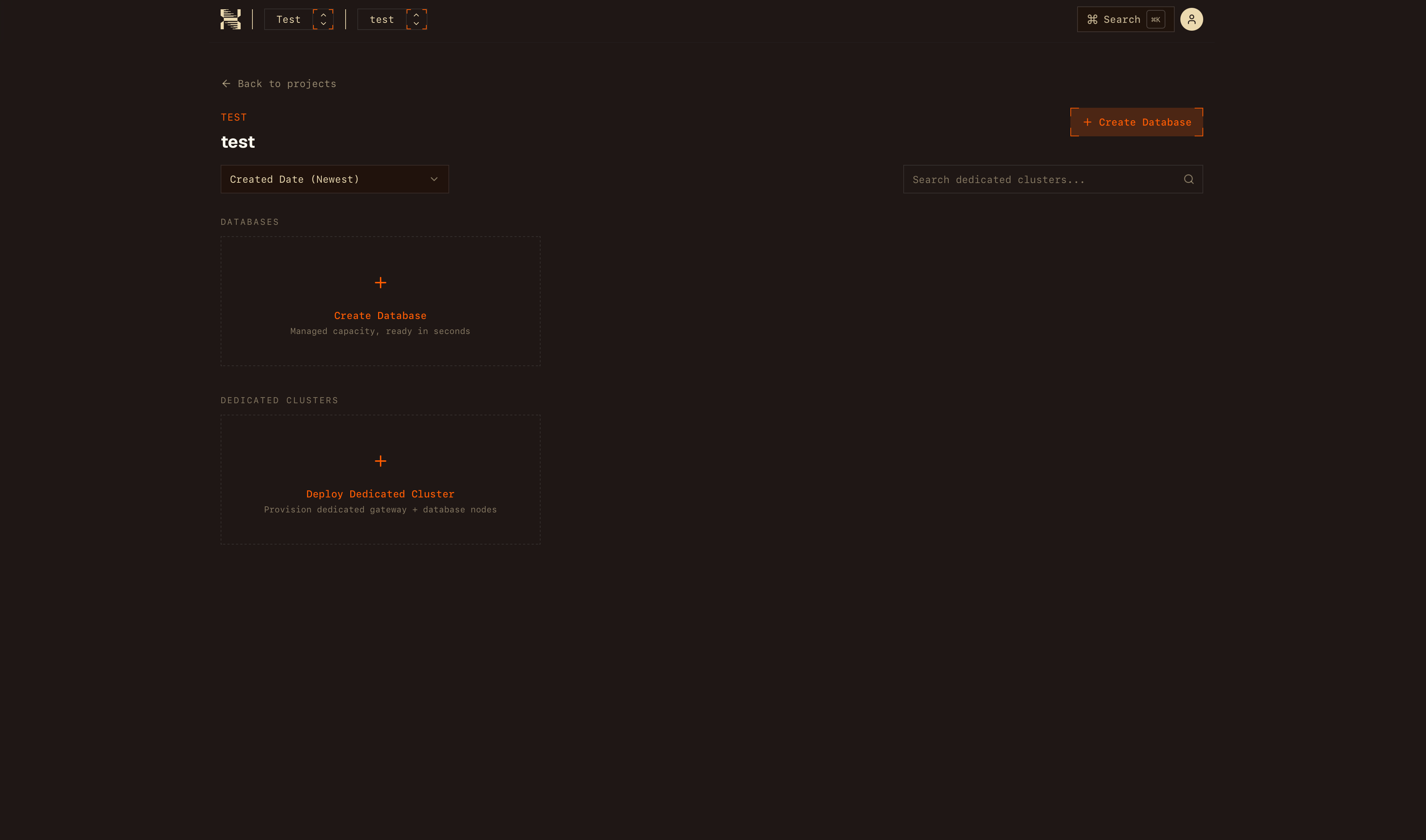 Empty project with options to create a database or deploy a dedicated cluster