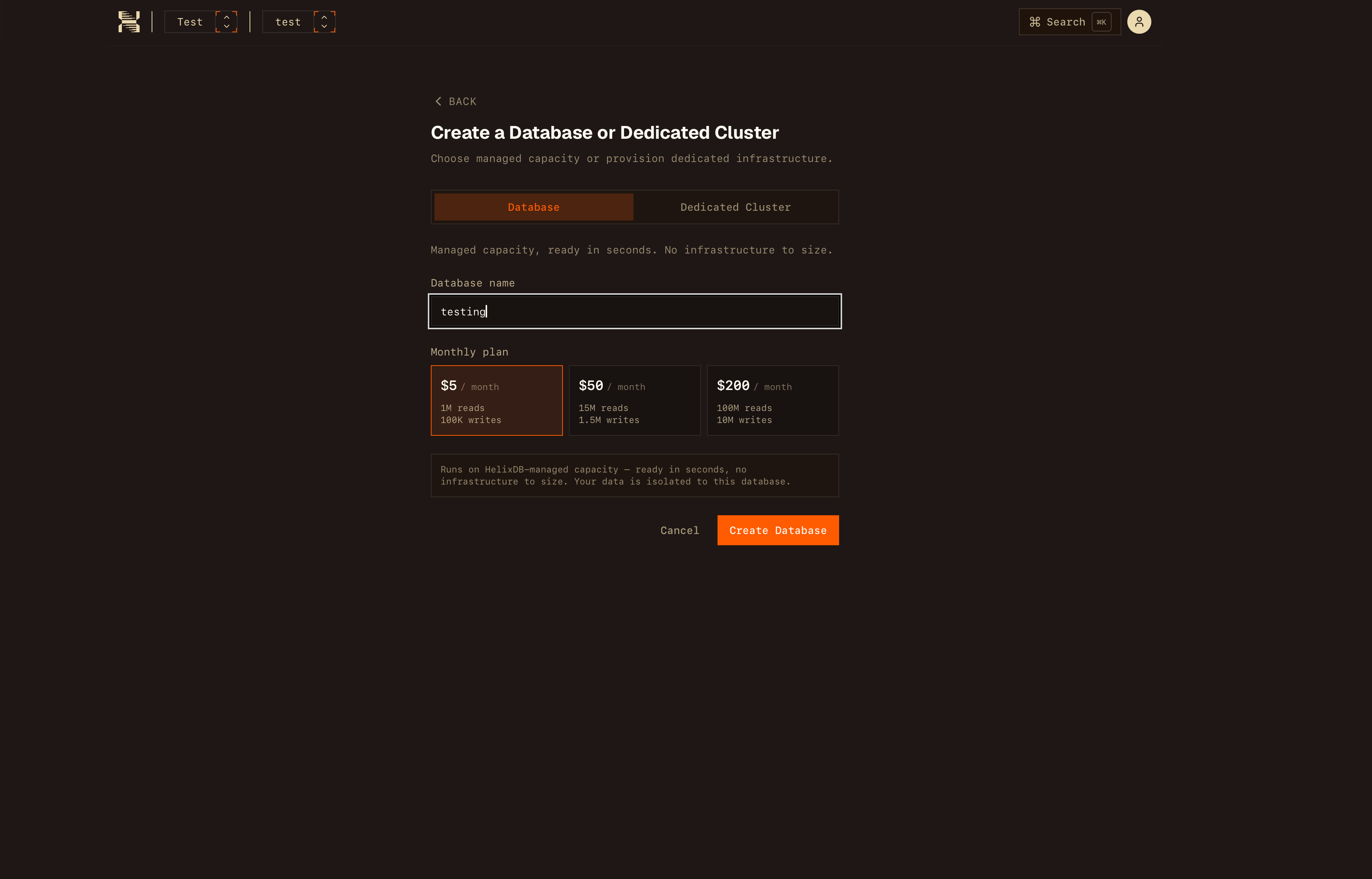 Create Database form with database name and monthly plan options