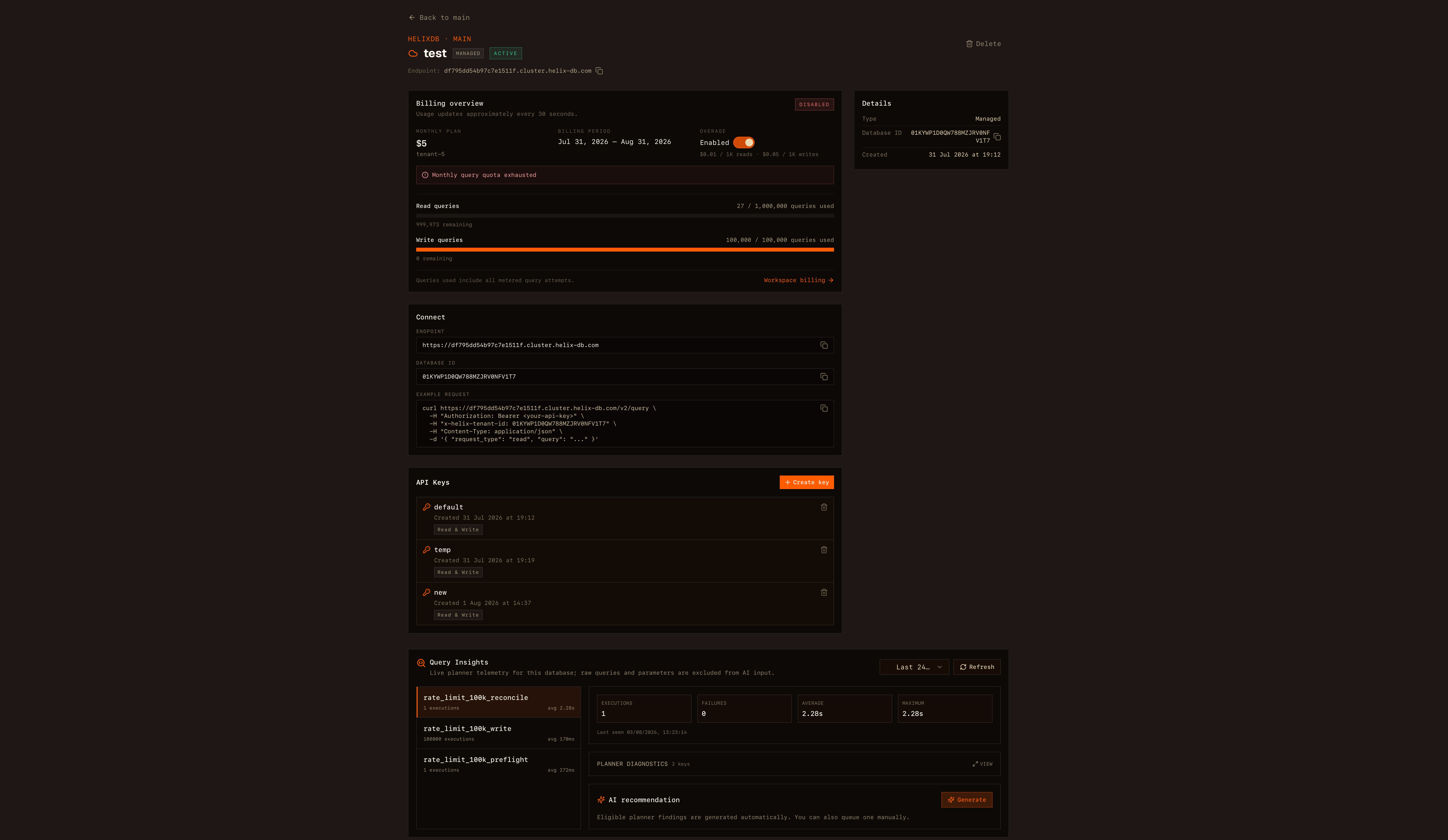 Active database details page with endpoint, database ID, API keys, and query insights