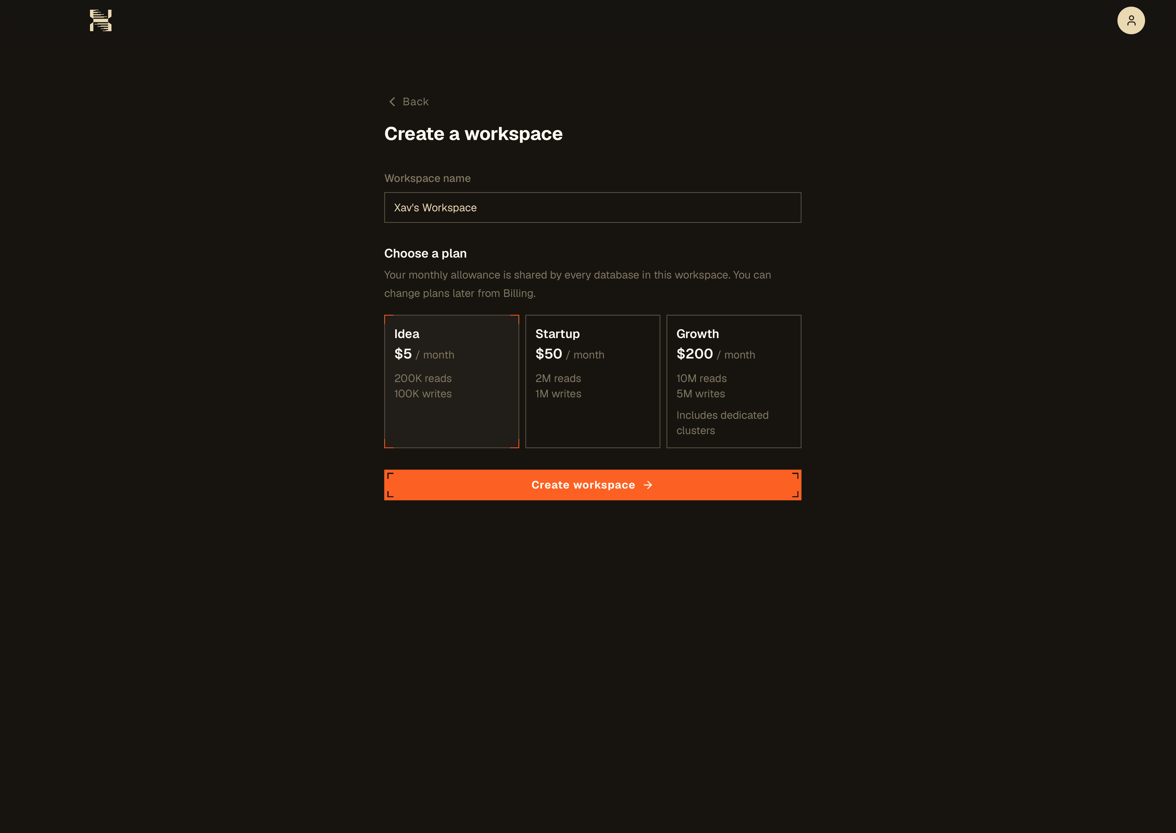 Create a workspace form with workspace name and monthly plan options