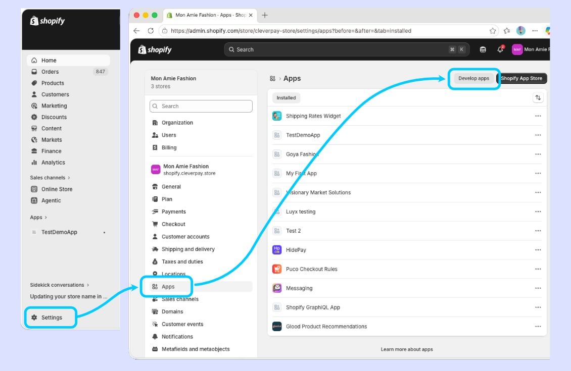 Develop apps の選択肢を開く