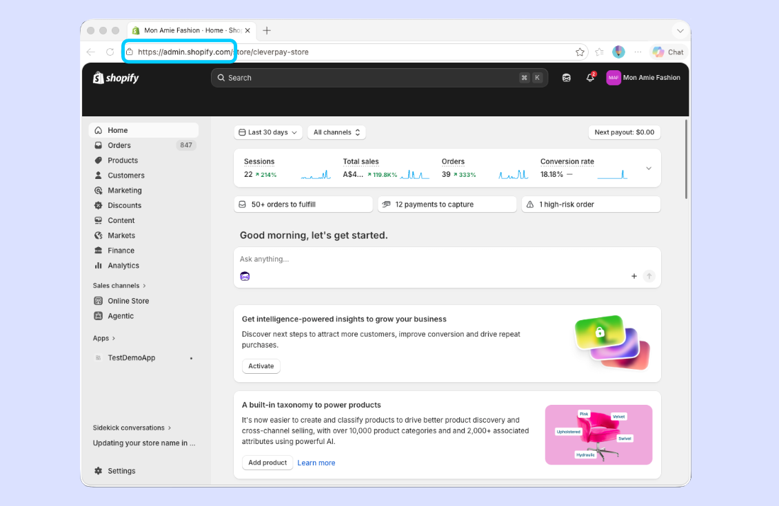 Shopify の管理ダッシュボード