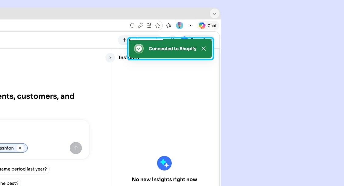 Shopify ストアのコネクターが接続されたポップアップ通知