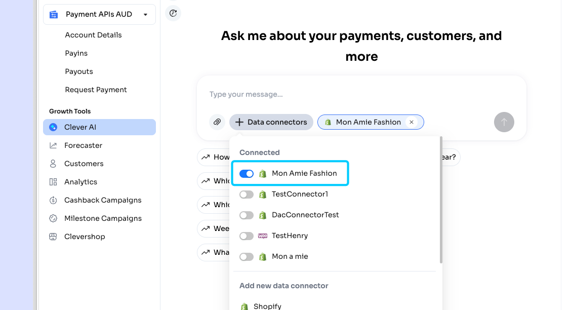 Shopify が接続されオンになった状態